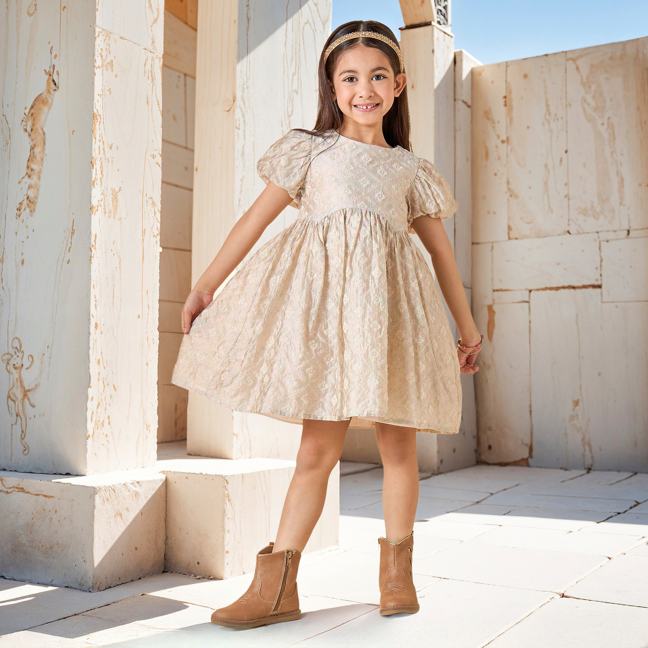 Eligo All-Over Embroidered Dress with Balloon Sleeves and Zip Closure-girls-clothing-dressesandjumpsuits-image-2
