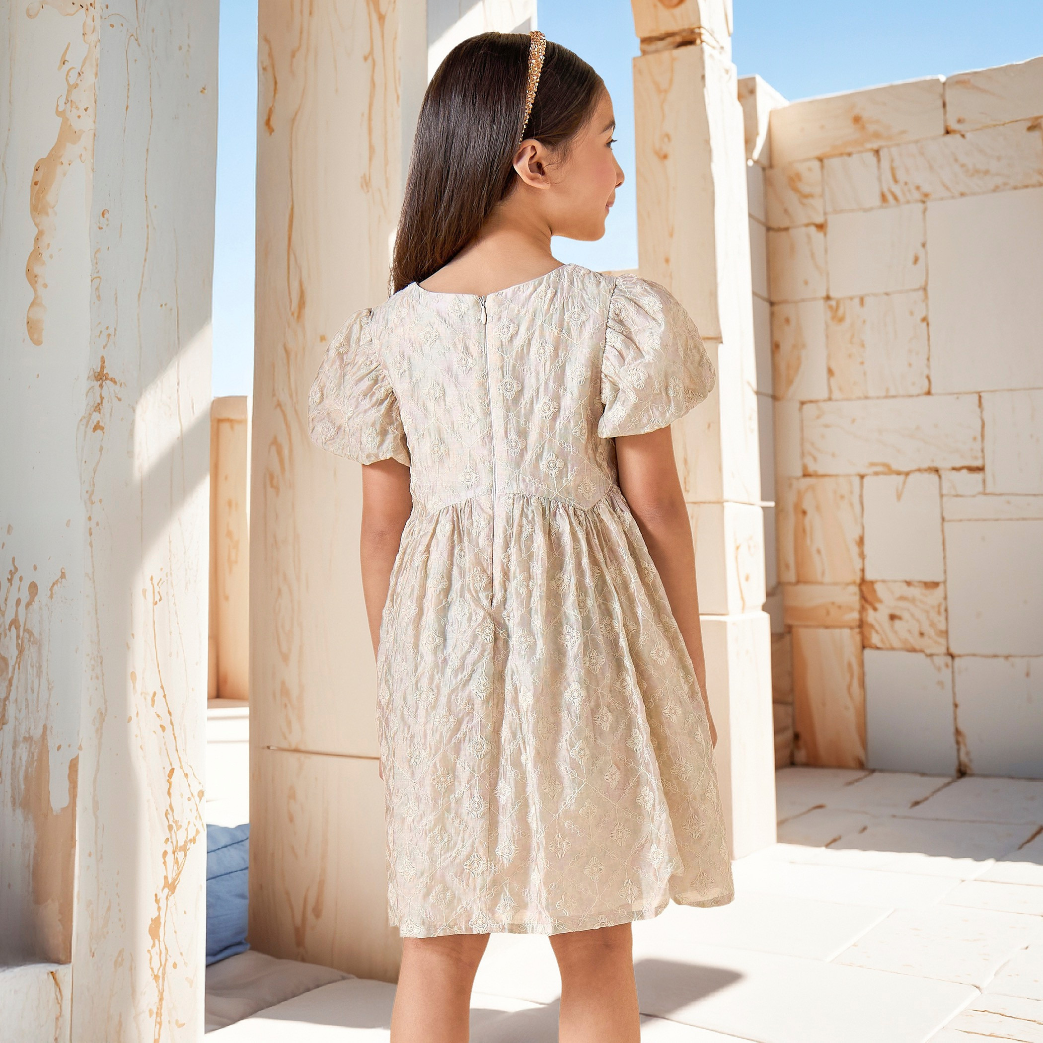 Eligo All-Over Embroidered Dress with Balloon Sleeves and Zip Closure-girls-clothing-dressesandjumpsuits-image-3