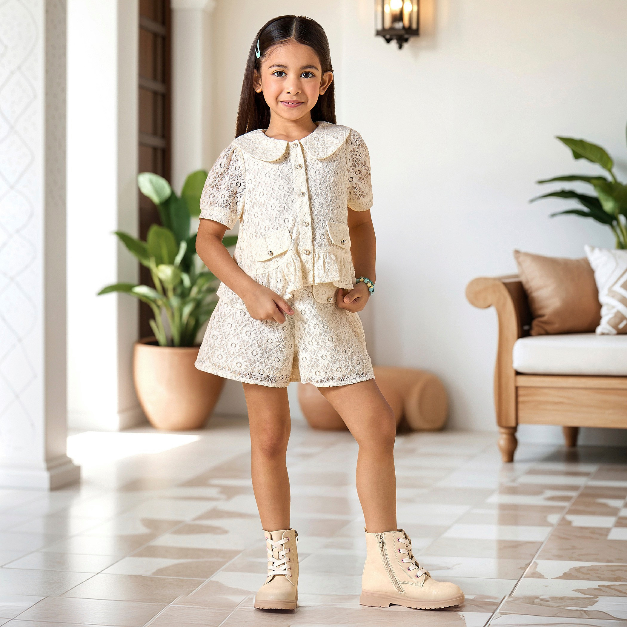 Eligo Floral Lace Textured Shirt and Shorts Set-baby-girls-clothing-setsandcoords-image-1