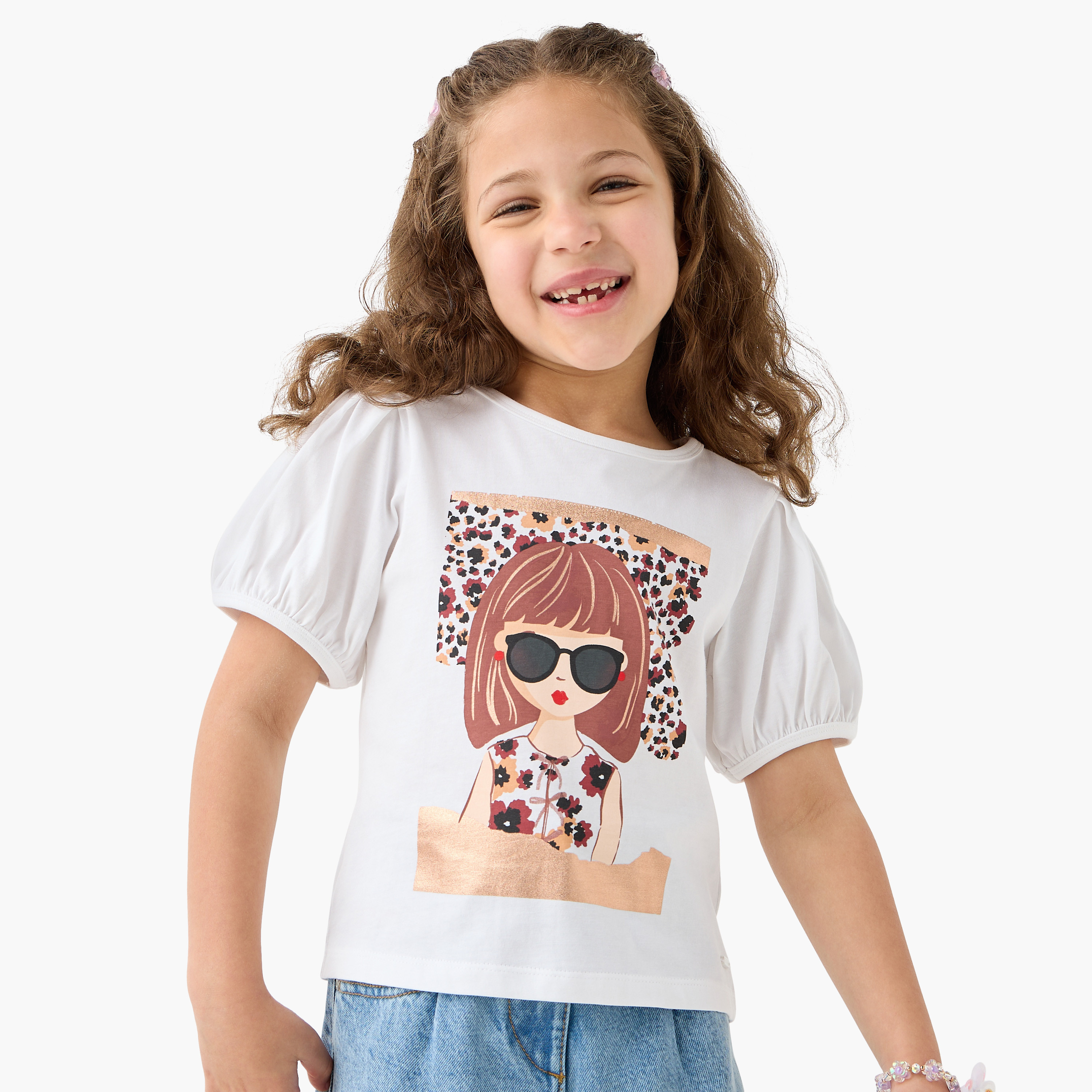 Lee Cooper Graphic Print Crew Neck T-shirt with Cap Sleeves-girls-clothing-tshirts-image-1