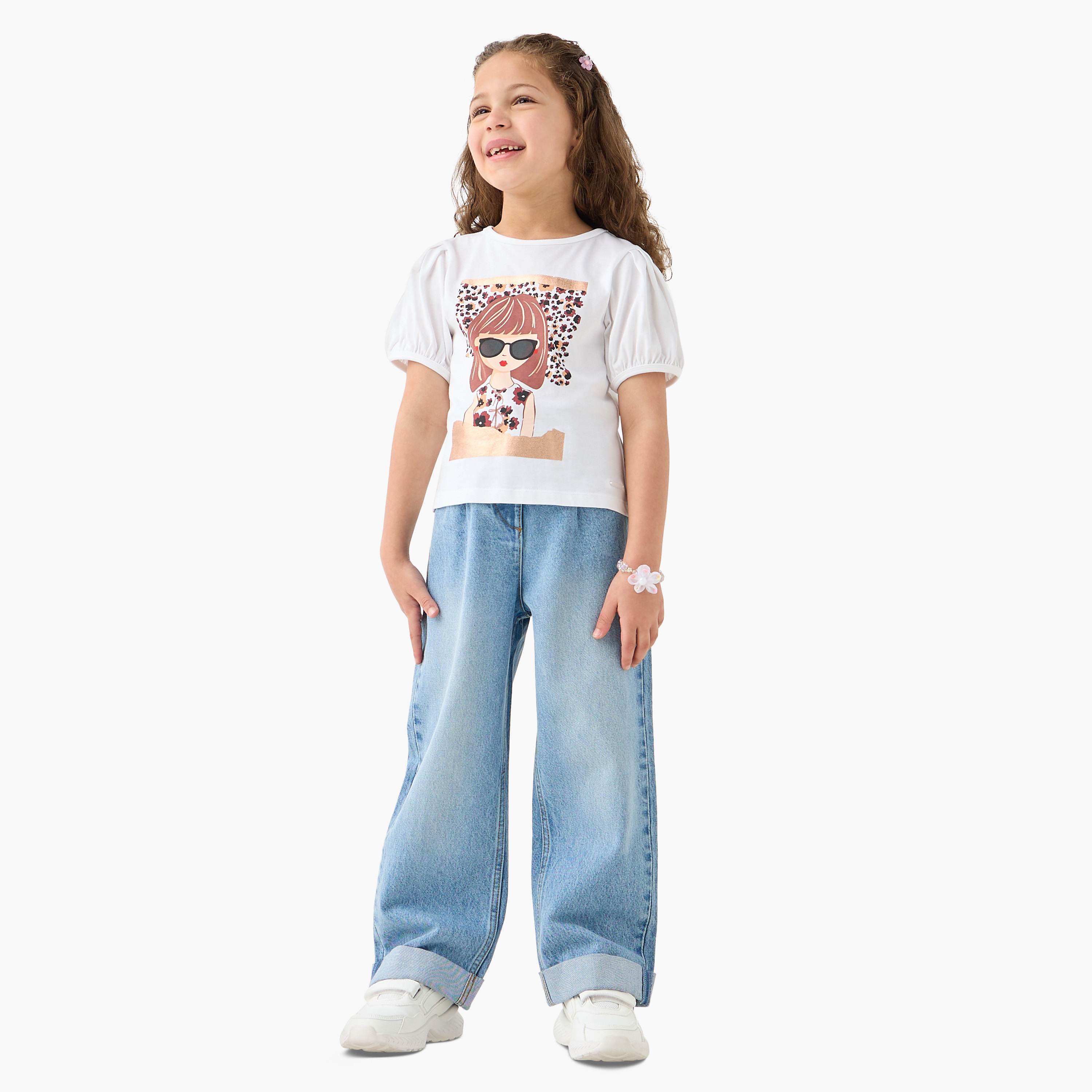 Lee Cooper Graphic Print Crew Neck T-shirt with Cap Sleeves-girls-clothing-tshirts-image-2
