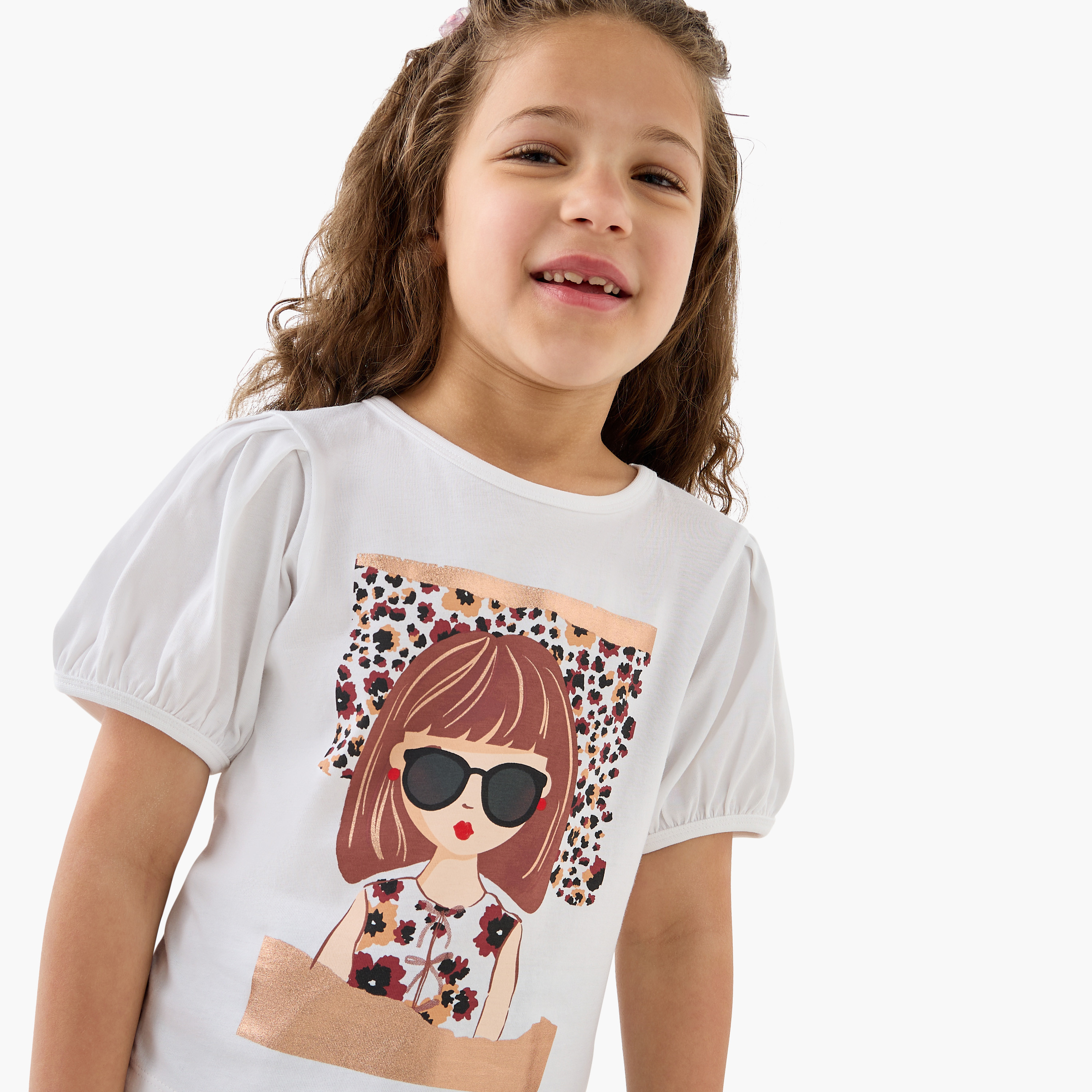 Lee Cooper Graphic Print Crew Neck T-shirt with Cap Sleeves-girls-clothing-tshirts-image-4