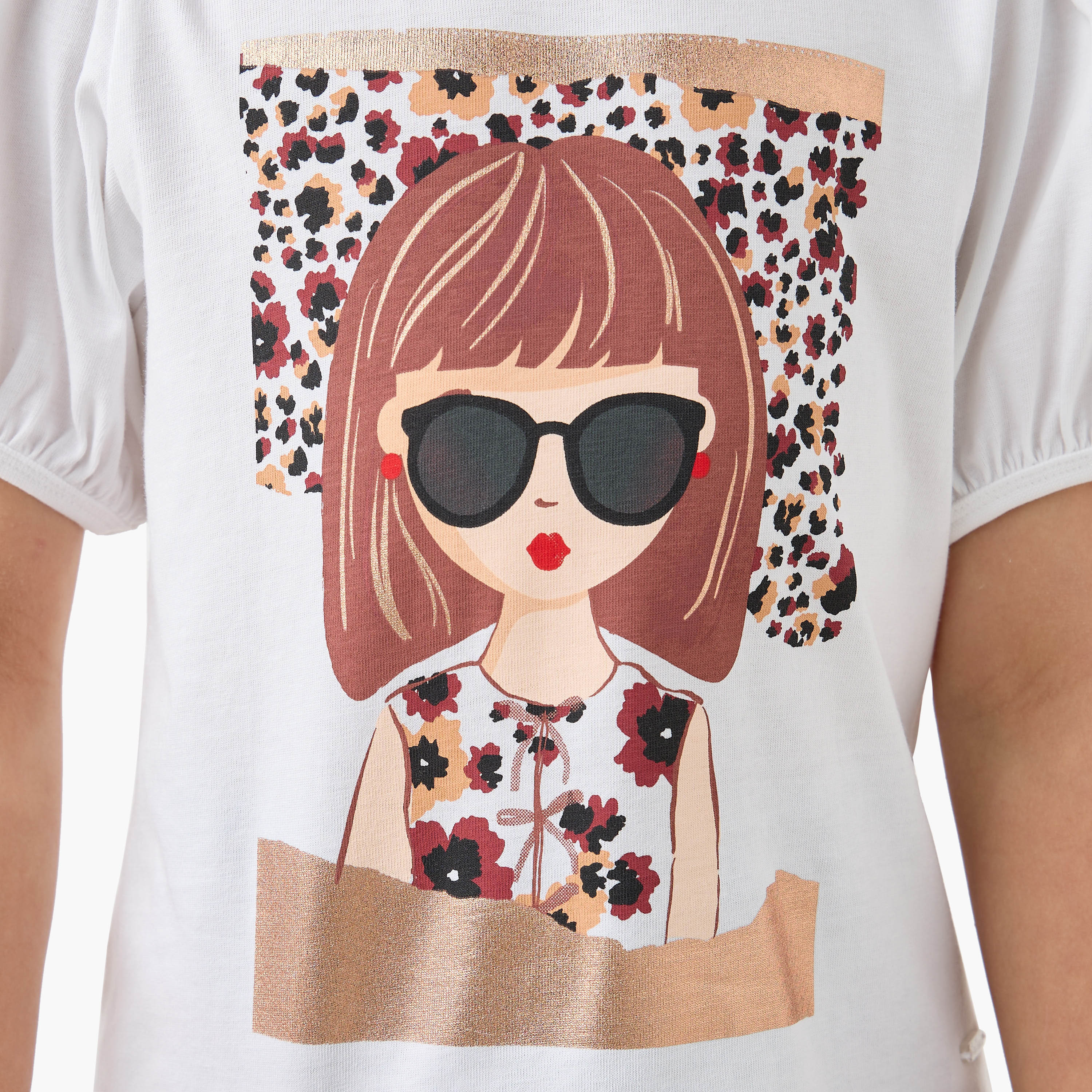 Lee Cooper Graphic Print Crew Neck T-shirt with Cap Sleeves-girls-clothing-tshirts-image-5