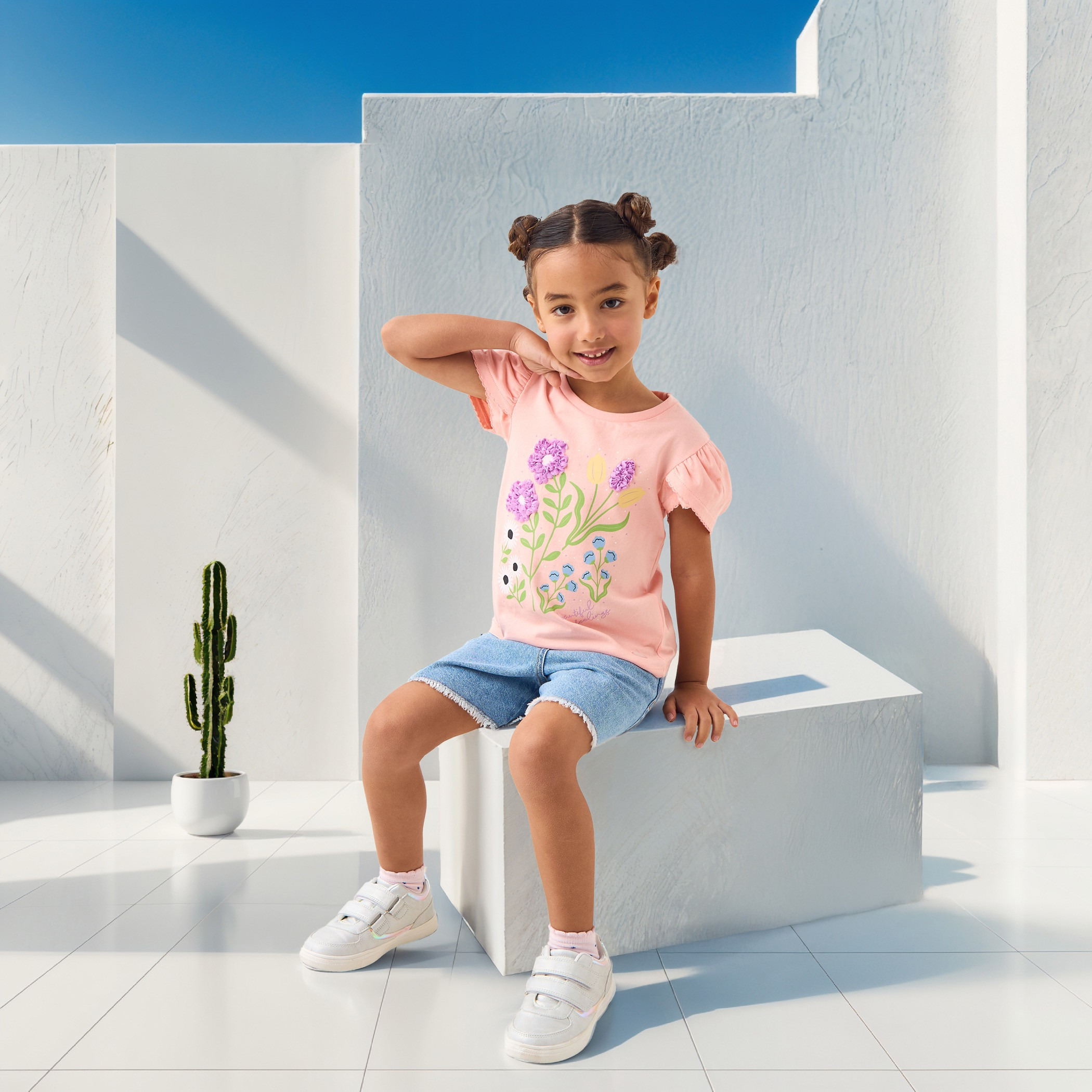 Lee Cooper Flower Applique T-shirt with Short Sleeves-girls-clothing-tshirts-image-2