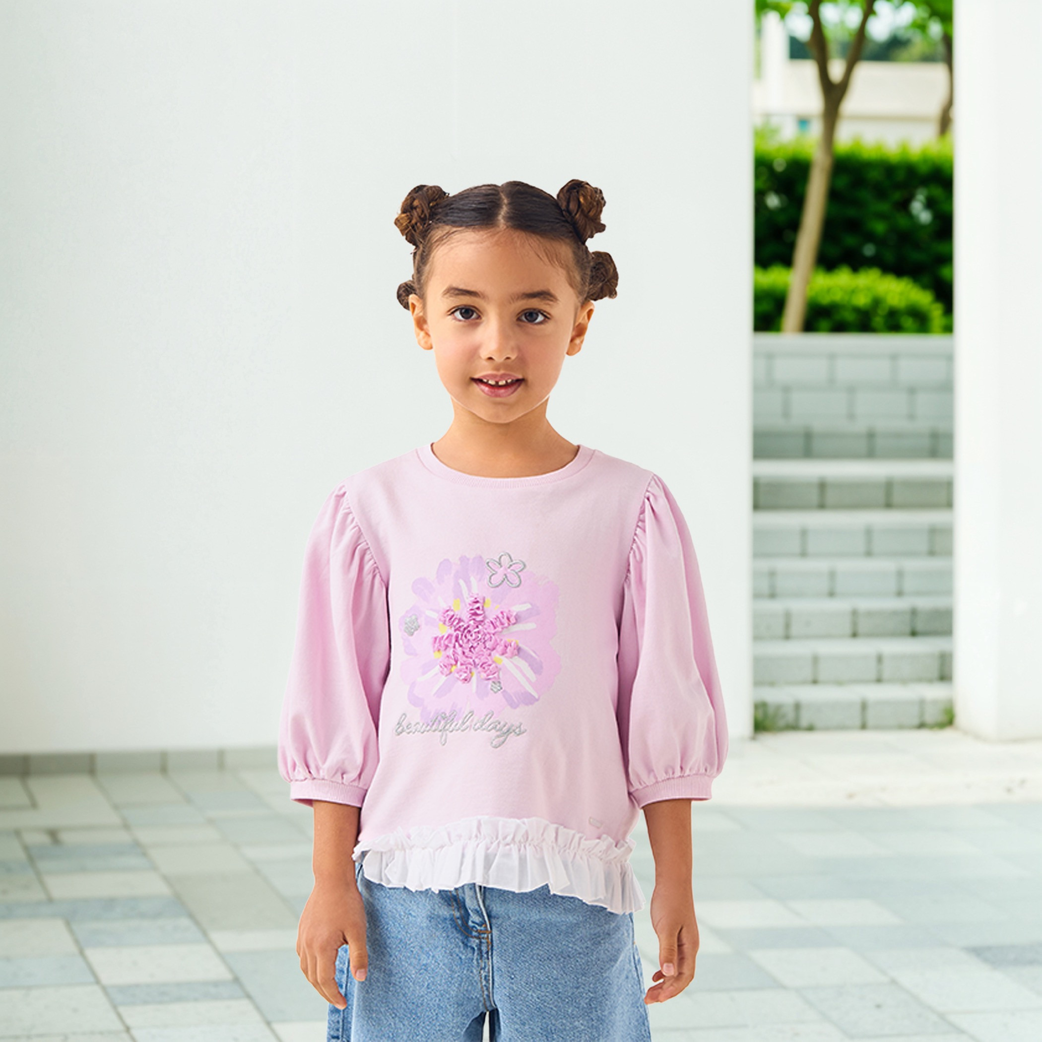 Lee Cooper Flower Applique T-shirt with 3/4 Sleeves and Ruffle Detail-girls-clothing-tshirts-image-1