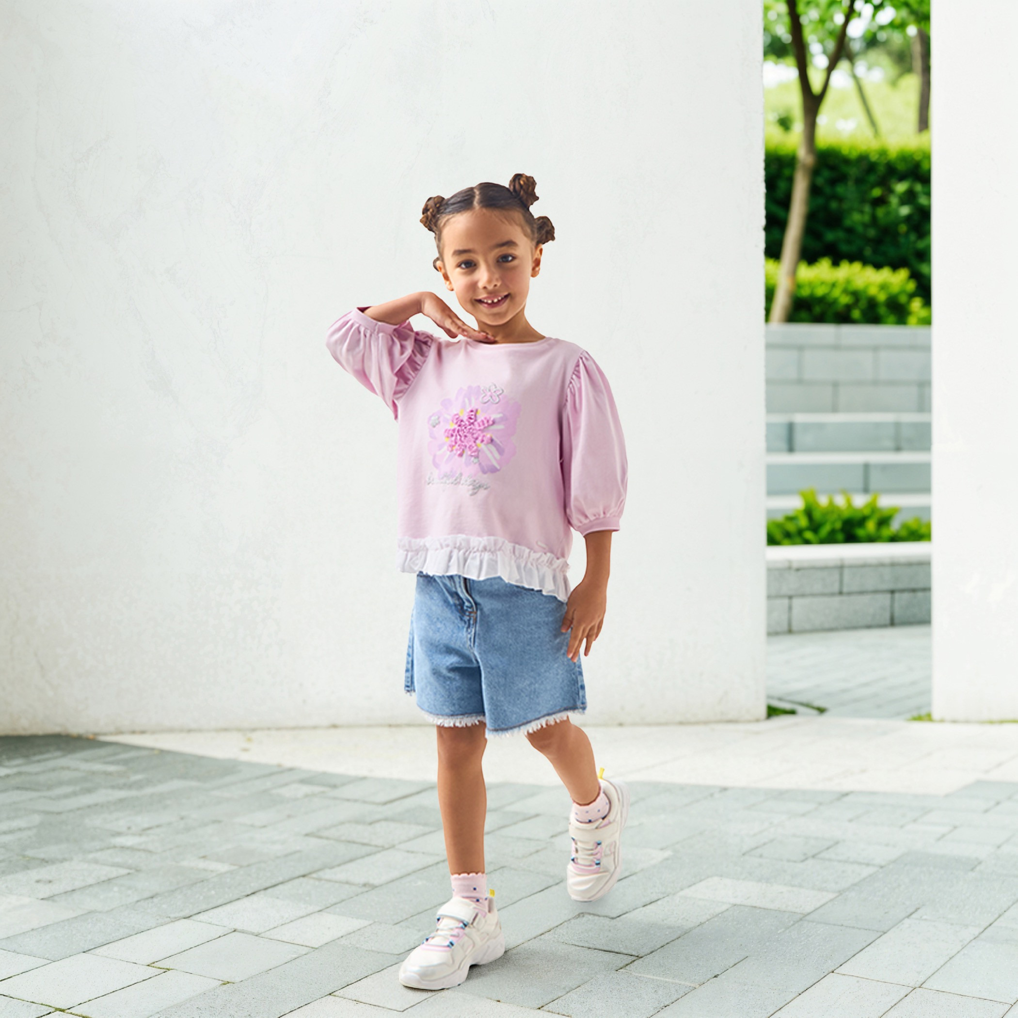 Lee Cooper Flower Applique T-shirt with 3/4 Sleeves and Ruffle Detail-girls-clothing-tshirts-image-2