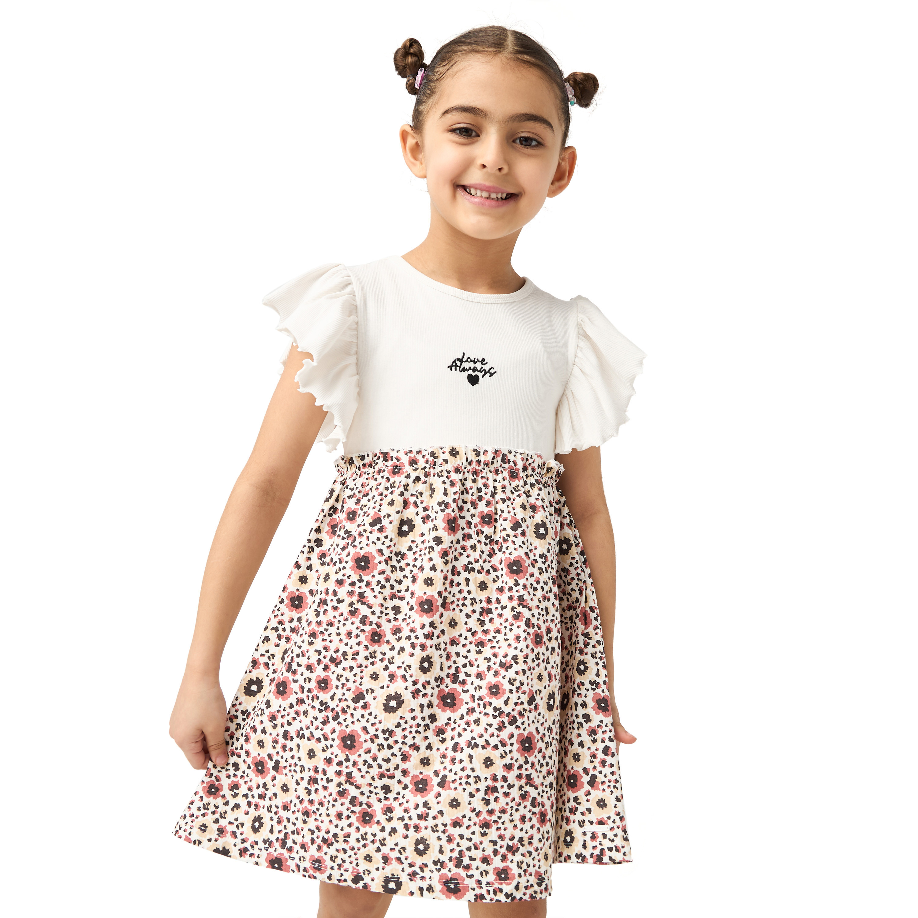Lee Cooper Floral Print Round Neck Dress with Ruffled Sleeves-girls-clothing-dressesandjumpsuits-image-1