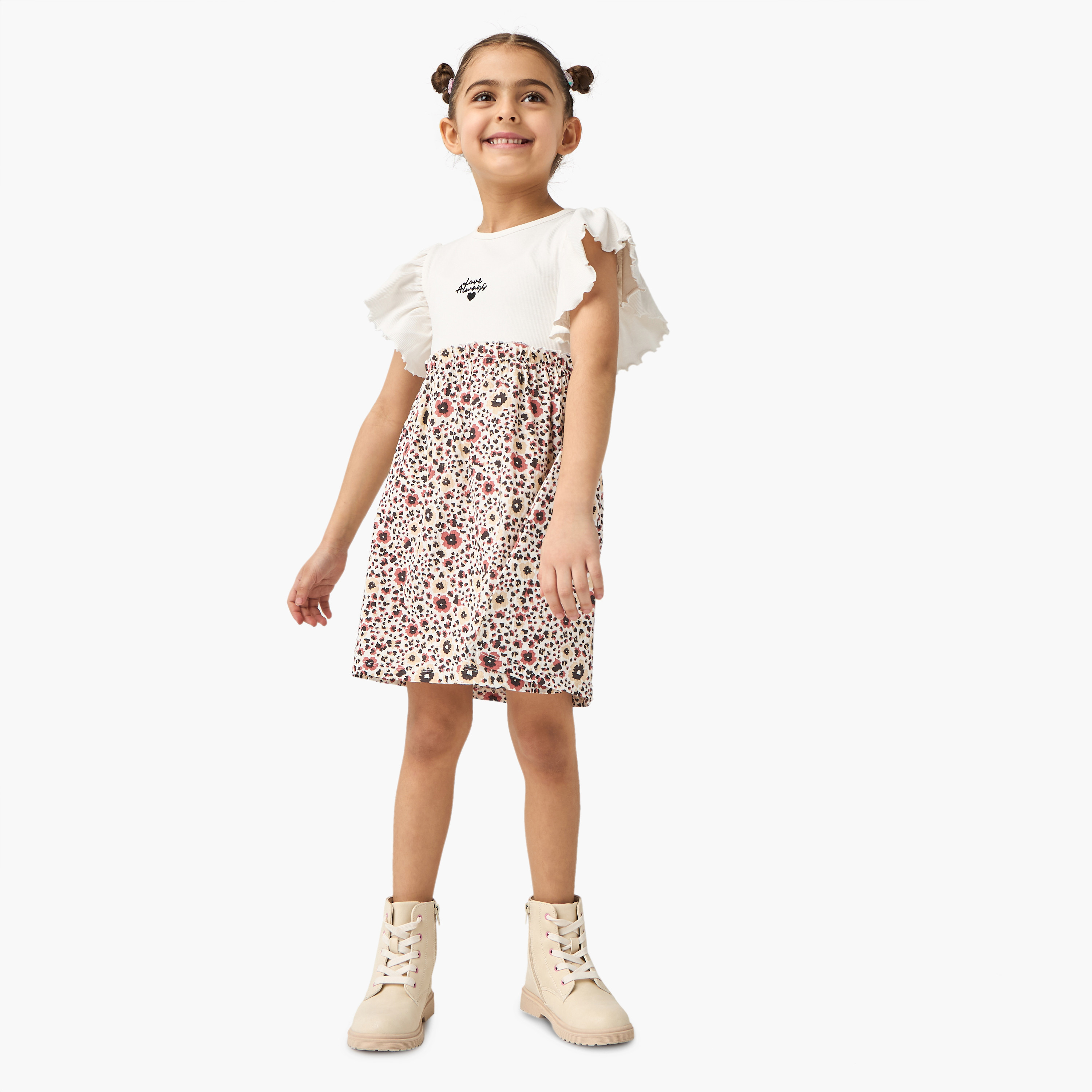 Lee Cooper Floral Print Round Neck Dress with Ruffled Sleeves-girls-clothing-dressesandjumpsuits-image-2