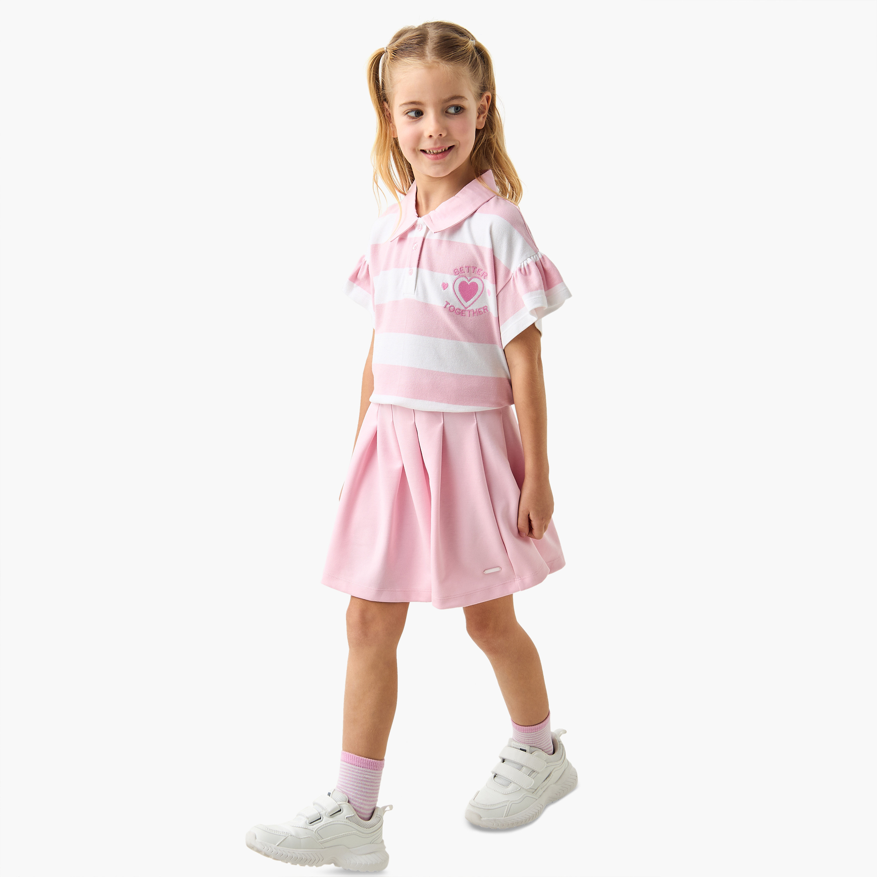 Lee Cooper Striped Polo T-shirt and Pleated Skirt Set-baby-girls-clothing-setsandcoords-image-1