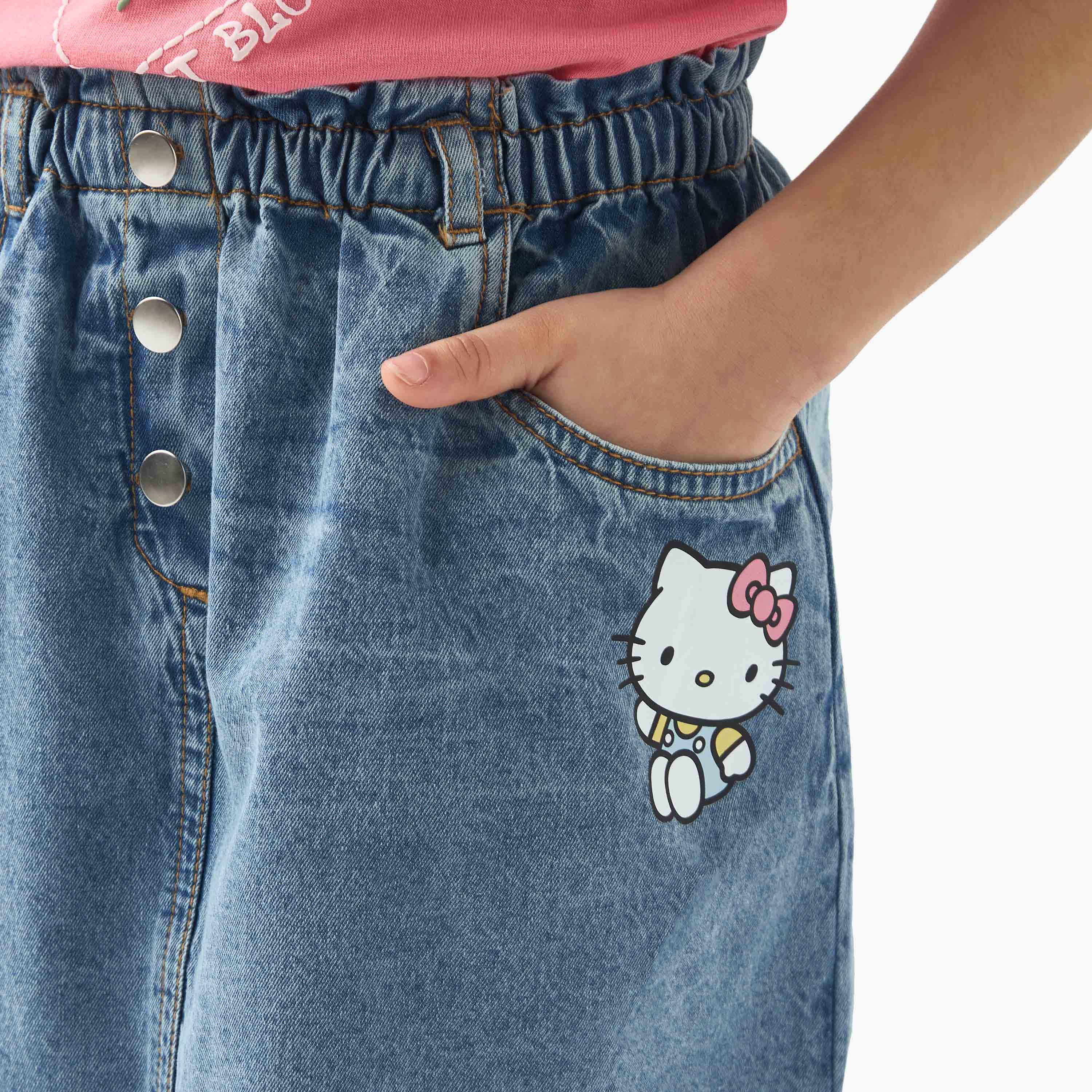 تنورة دينم بطبعات هالو كيتي وخصر مطاطي من سانريو-baby-girls-clothing-bottoms-skirts-image-4
