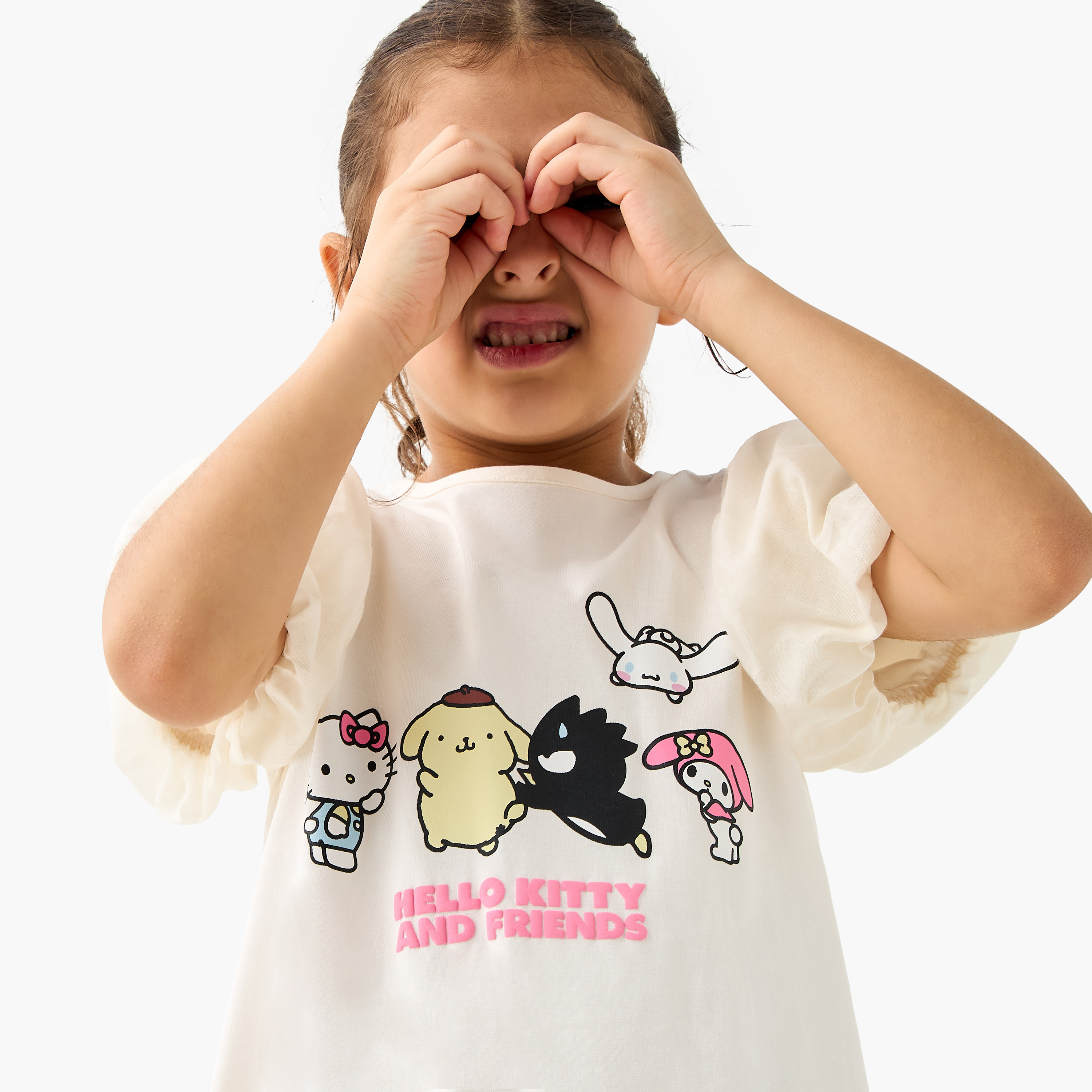 فستان بأكمام قصيرة وطبعات هالو كيتي والأصدقاء من سانريو-girls-clothing-dressesandjumpsuits-image-4