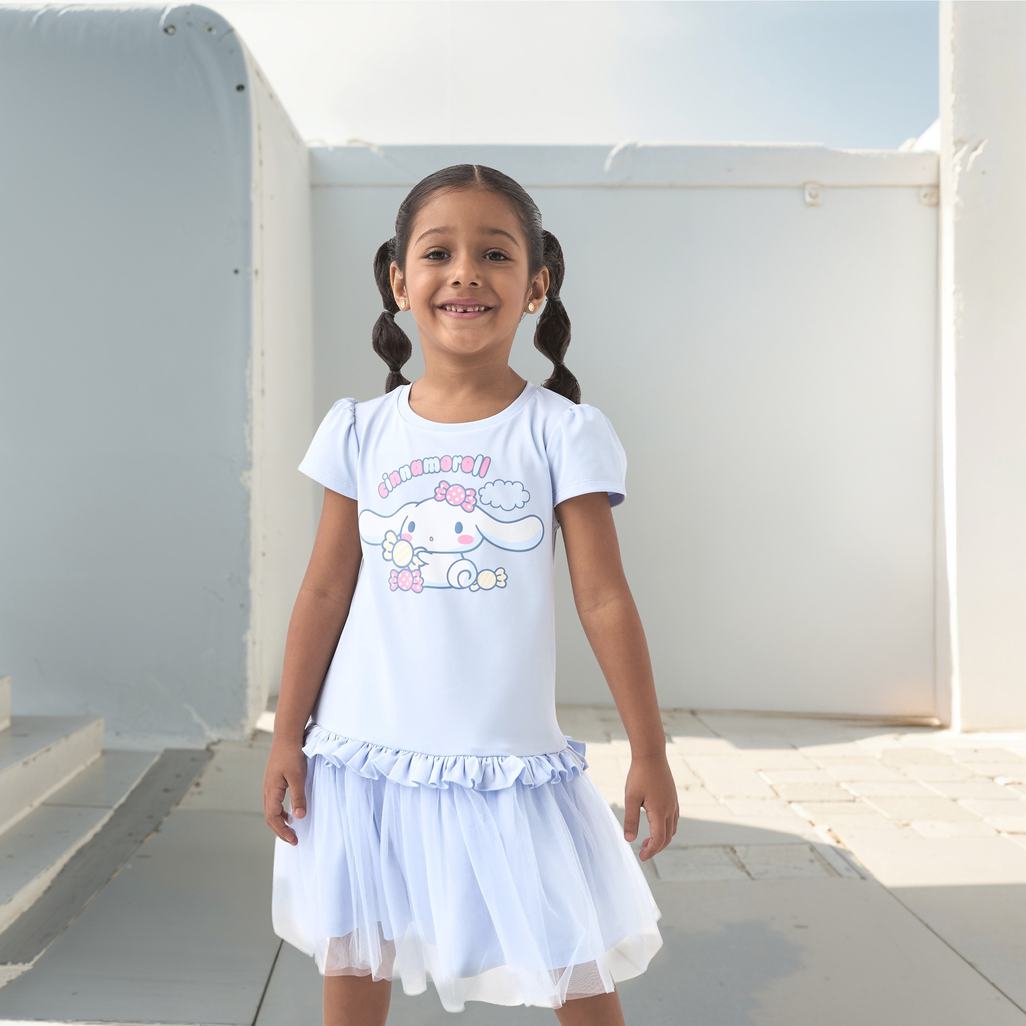Sanrio Cinnamoroll Print Tulle Dress with Short Sleeves-girls-clothing-dressesandjumpsuits-image-1