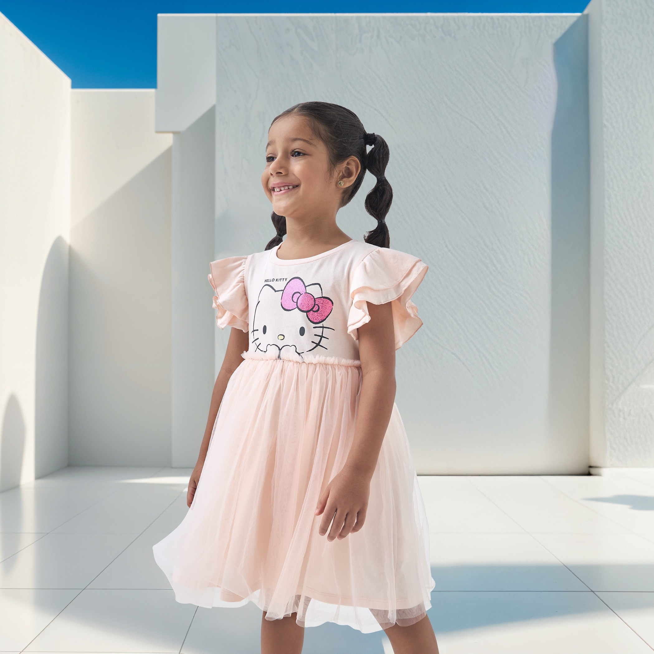 Sanrio Hello Kitty Print Tulle Dress with Flutter Sleeves-girls-clothing-dressesandjumpsuits-image-1