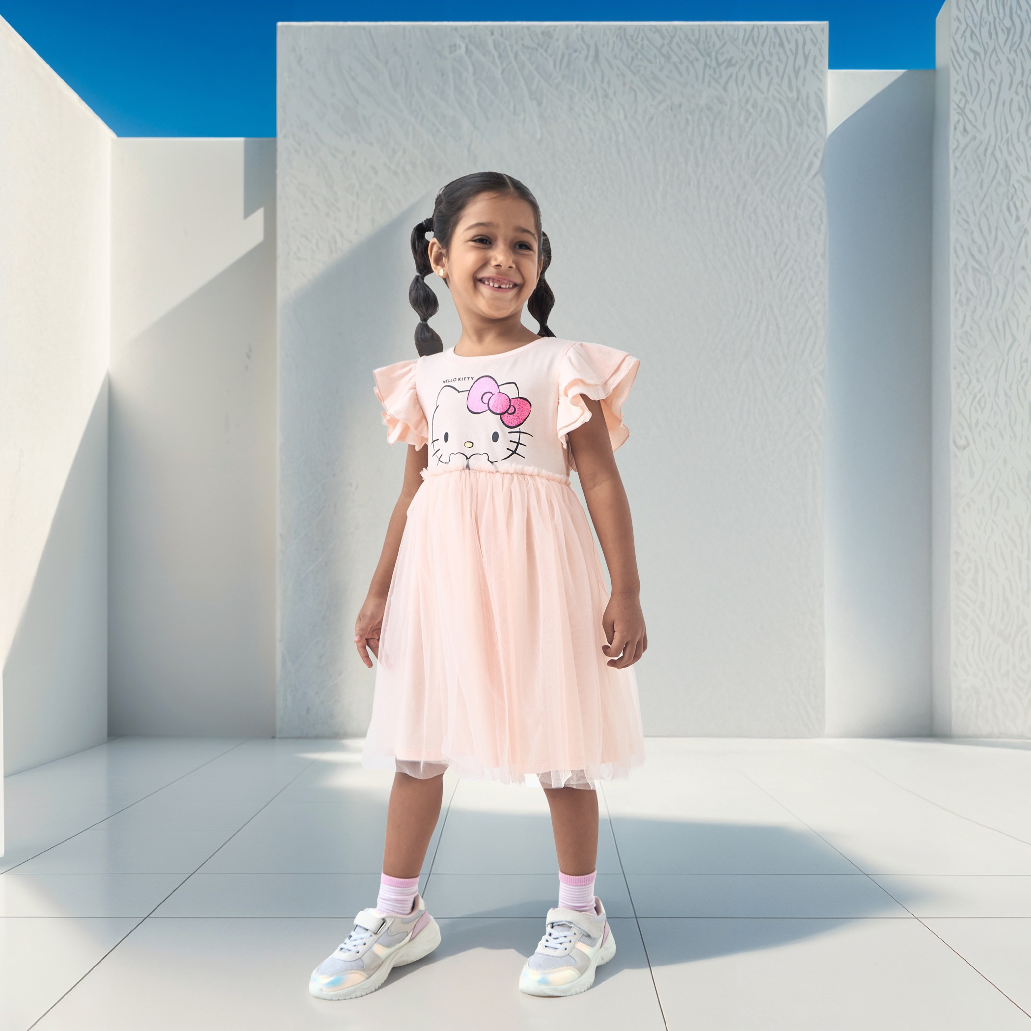 Sanrio Hello Kitty Print Tulle Dress with Flutter Sleeves-girls-clothing-dressesandjumpsuits-image-2