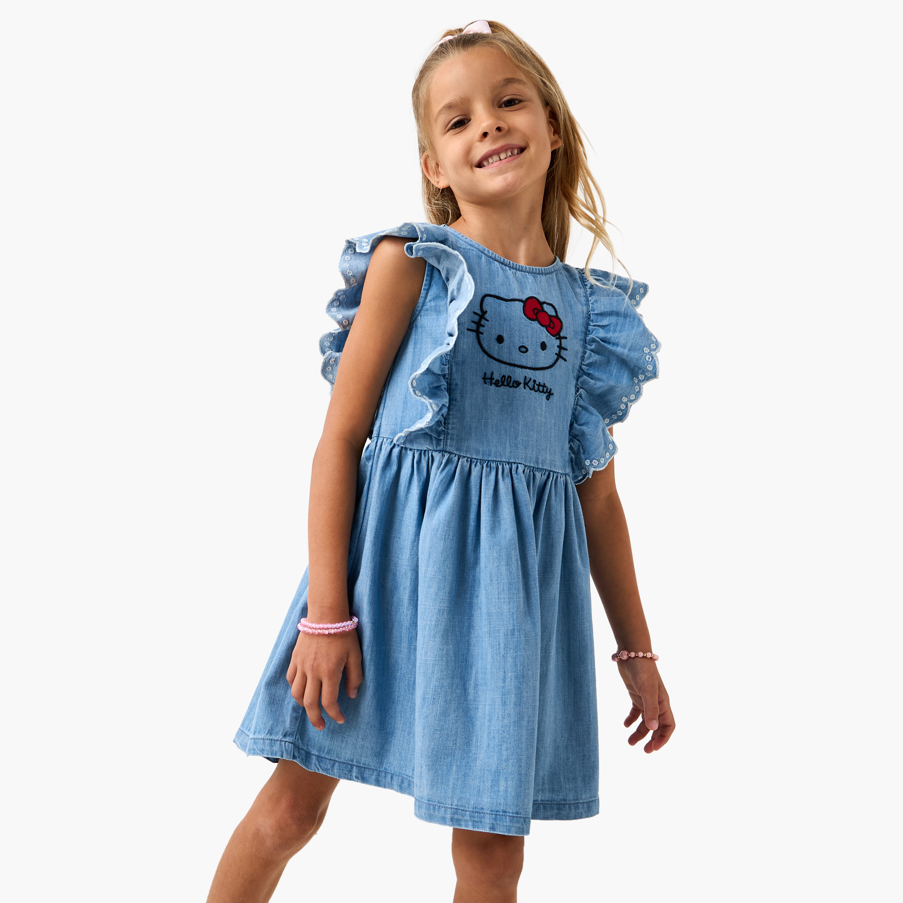 Sanrio Hello Kitty Embroidered Denim A-Line Dress with Ruffle Sleeves-girls-clothing-dressesandjumpsuits-image-1