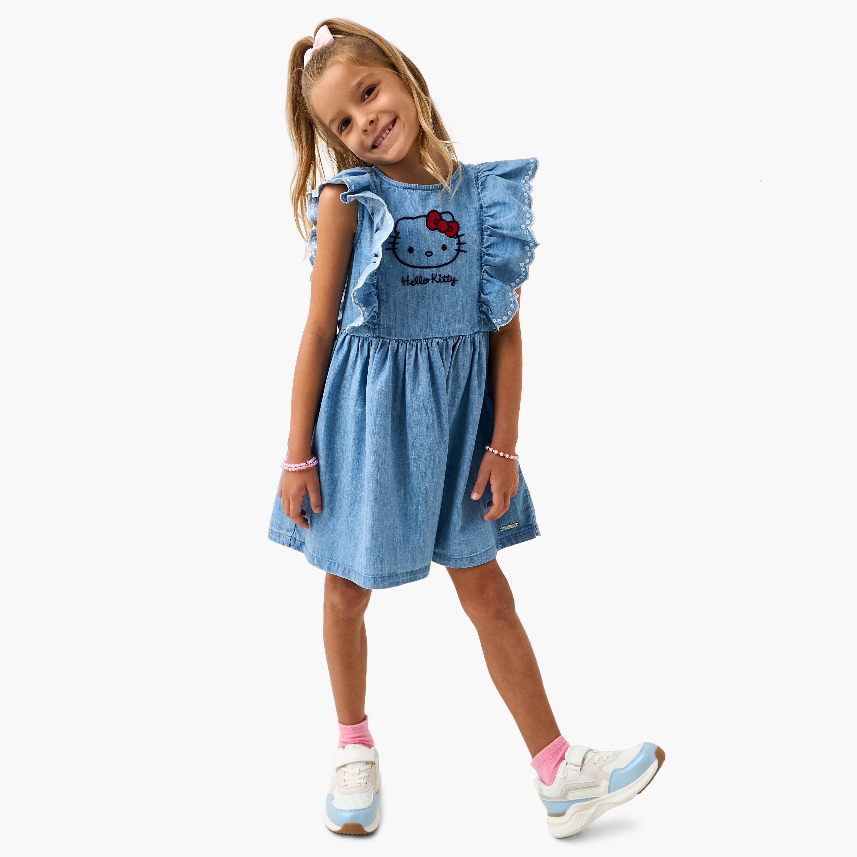Sanrio Hello Kitty Embroidered Denim A-Line Dress with Ruffle Sleeves-girls-clothing-dressesandjumpsuits-image-2