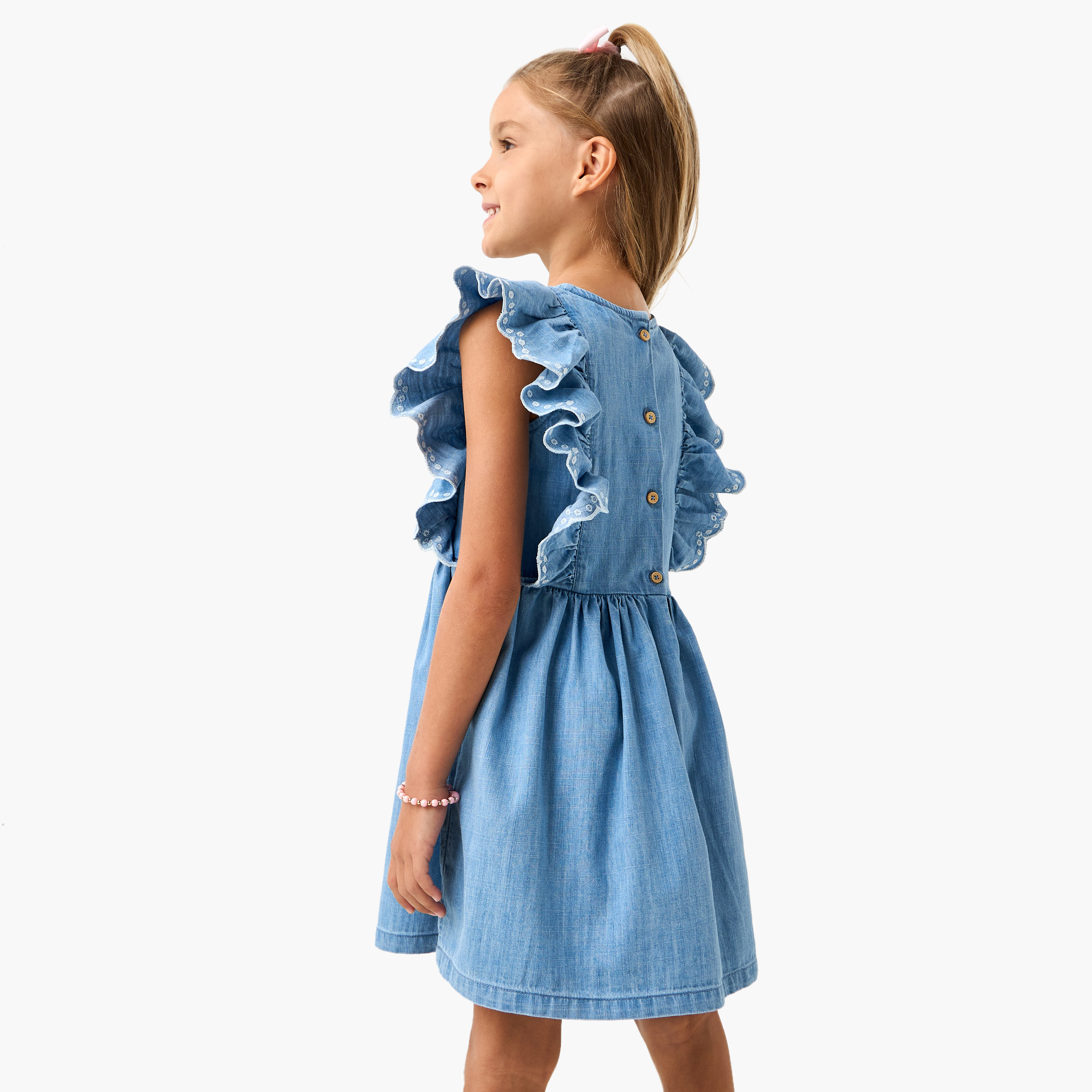 Sanrio Hello Kitty Embroidered Denim A-Line Dress with Ruffle Sleeves-girls-clothing-dressesandjumpsuits-image-3