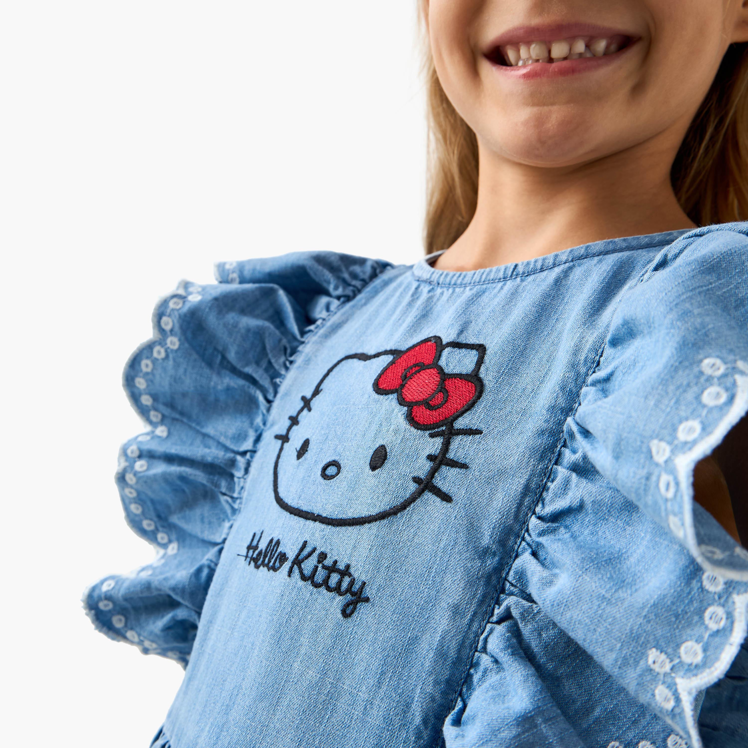 Sanrio Hello Kitty Embroidered Denim A-Line Dress with Ruffle Sleeves-girls-clothing-dressesandjumpsuits-image-5