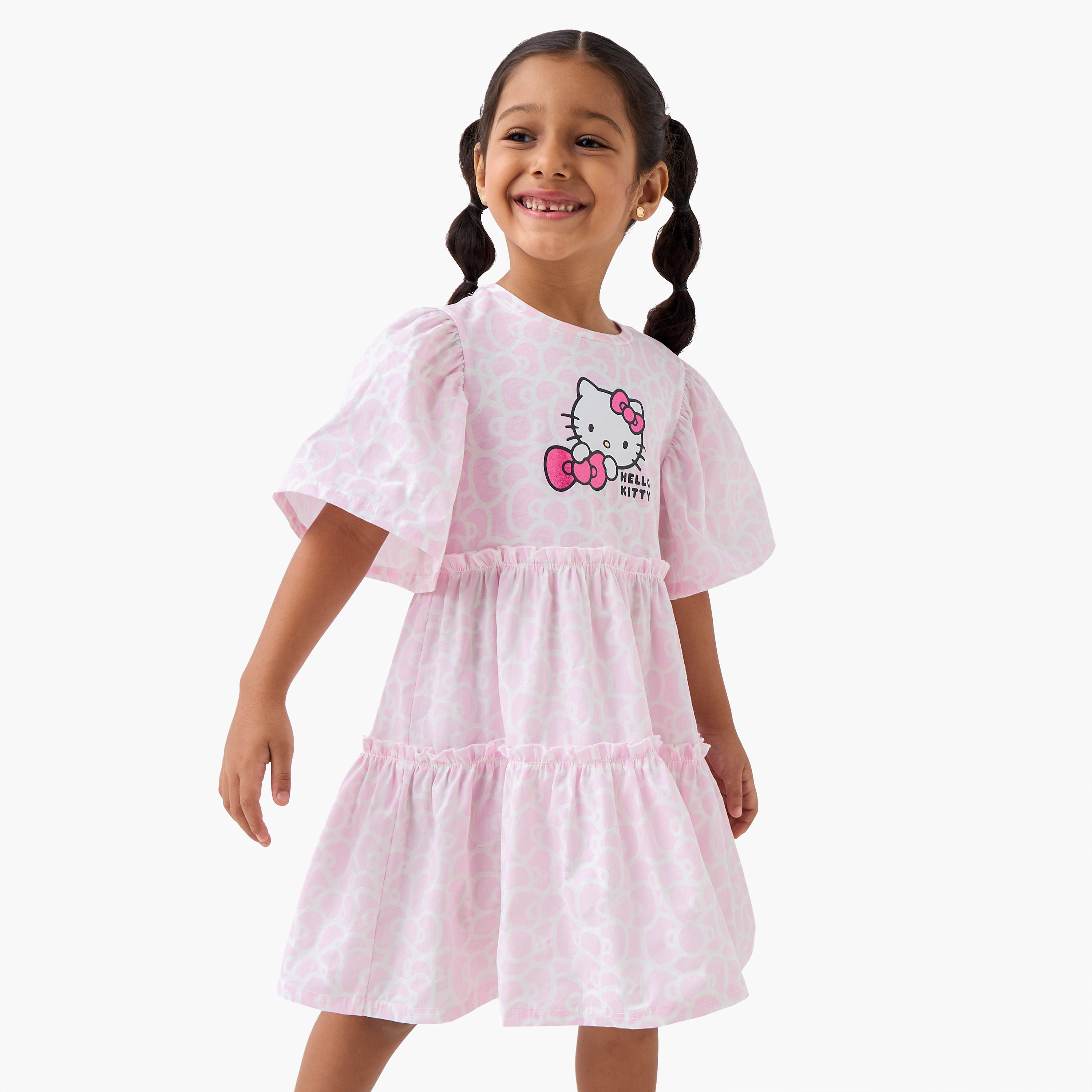 Sanrio Hello Kitty Print Tiered Dress with Short Sleeves-girls-clothing-dressesandjumpsuits-image-1