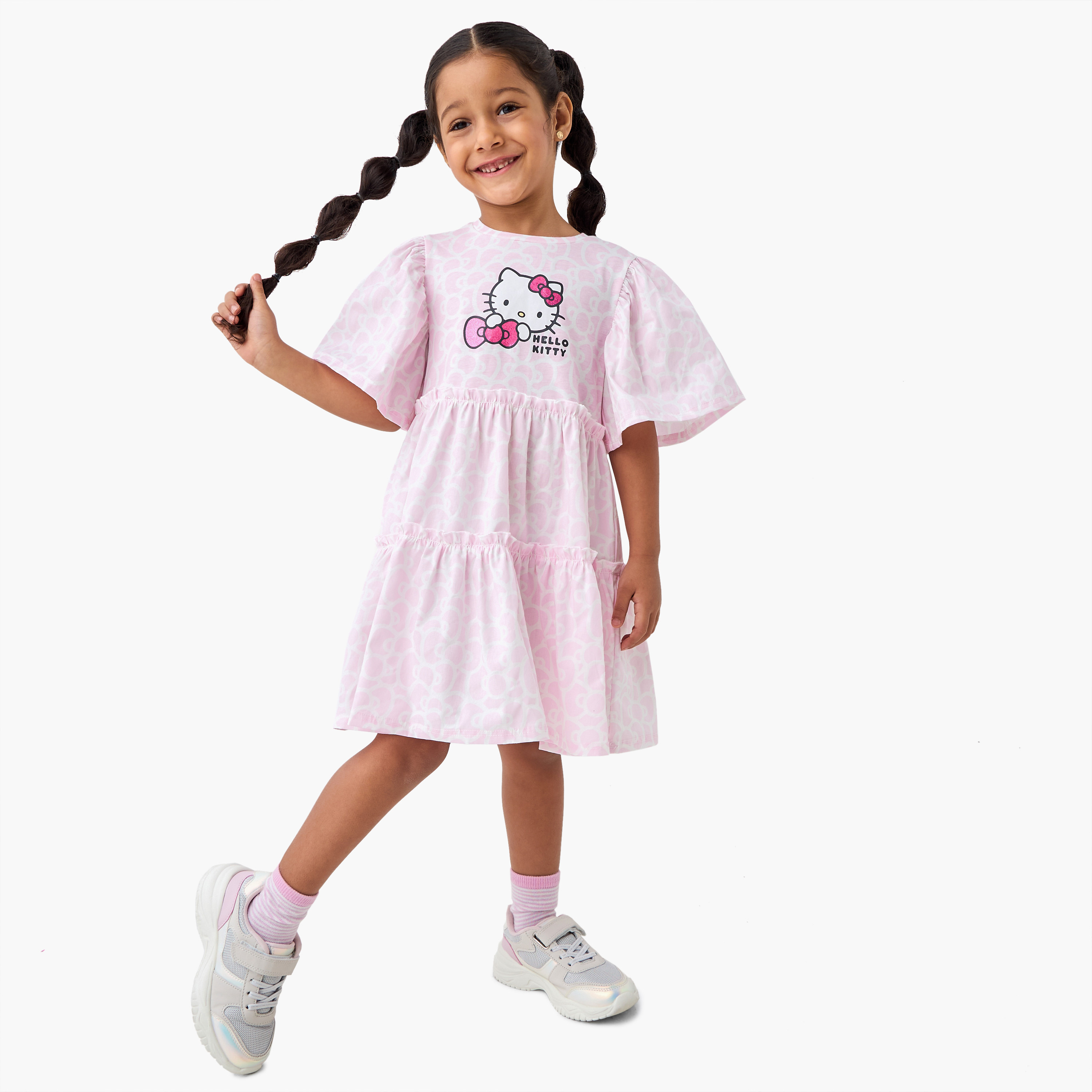 Sanrio Hello Kitty Print Tiered Dress with Short Sleeves-girls-clothing-dressesandjumpsuits-image-2