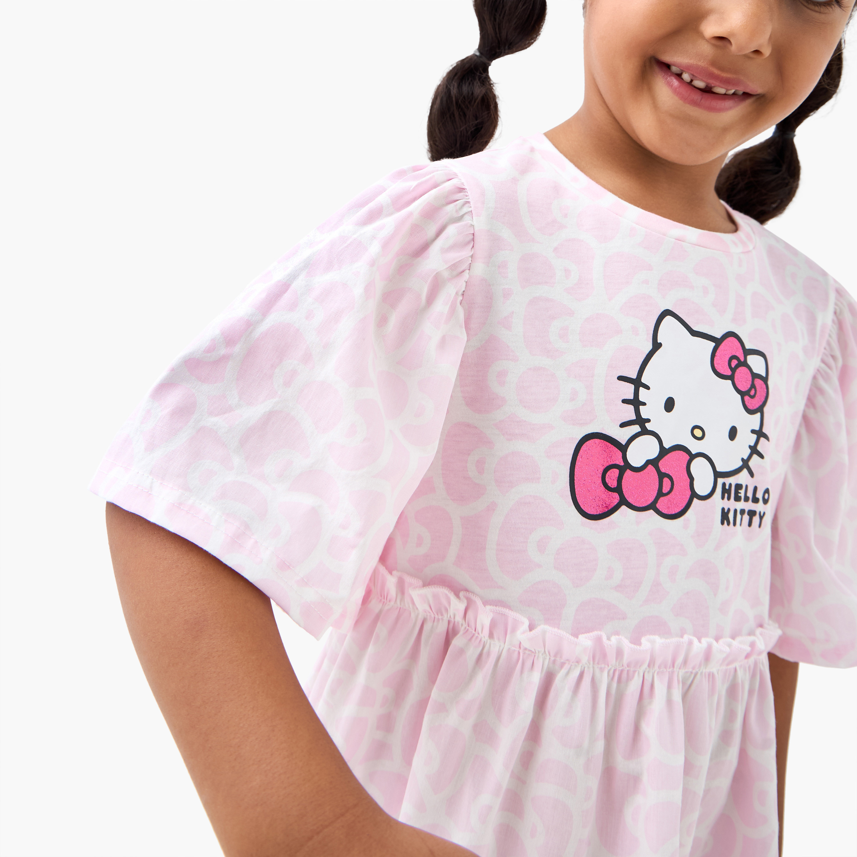 Sanrio Hello Kitty Print Tiered Dress with Short Sleeves-girls-clothing-dressesandjumpsuits-image-4