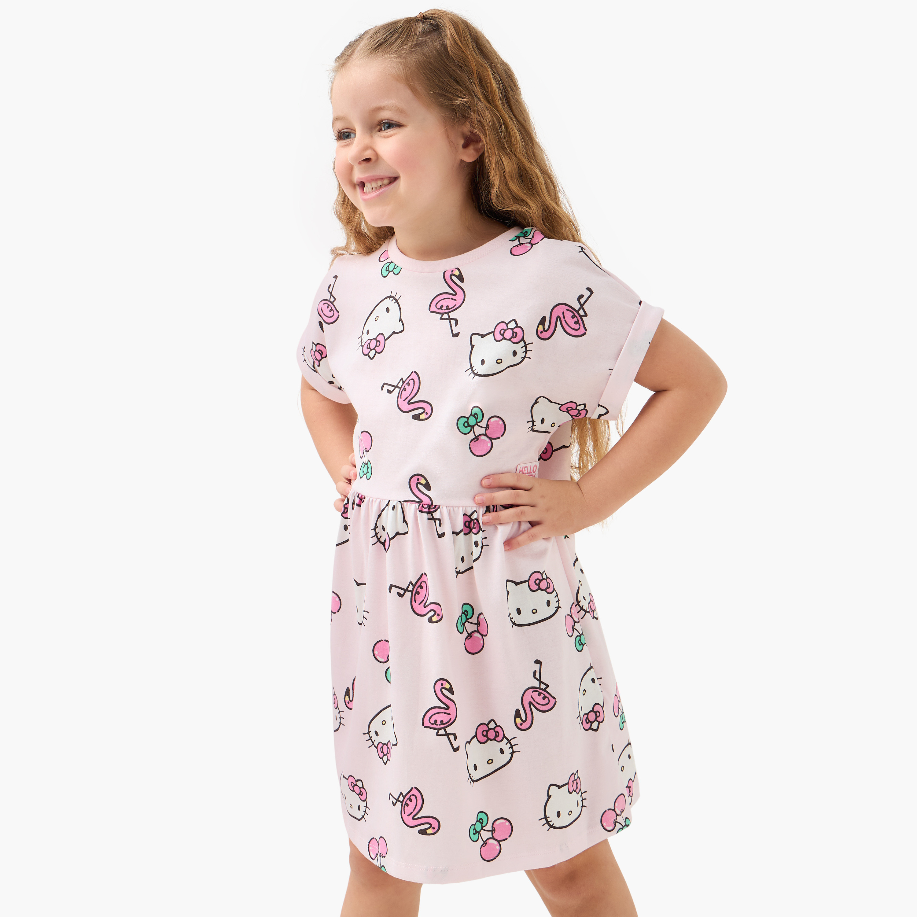 Sanrio Hello Kitty Print A-line Dress with Round Neck and Short Sleeves-girls-clothing-dressesandjumpsuits-image-1