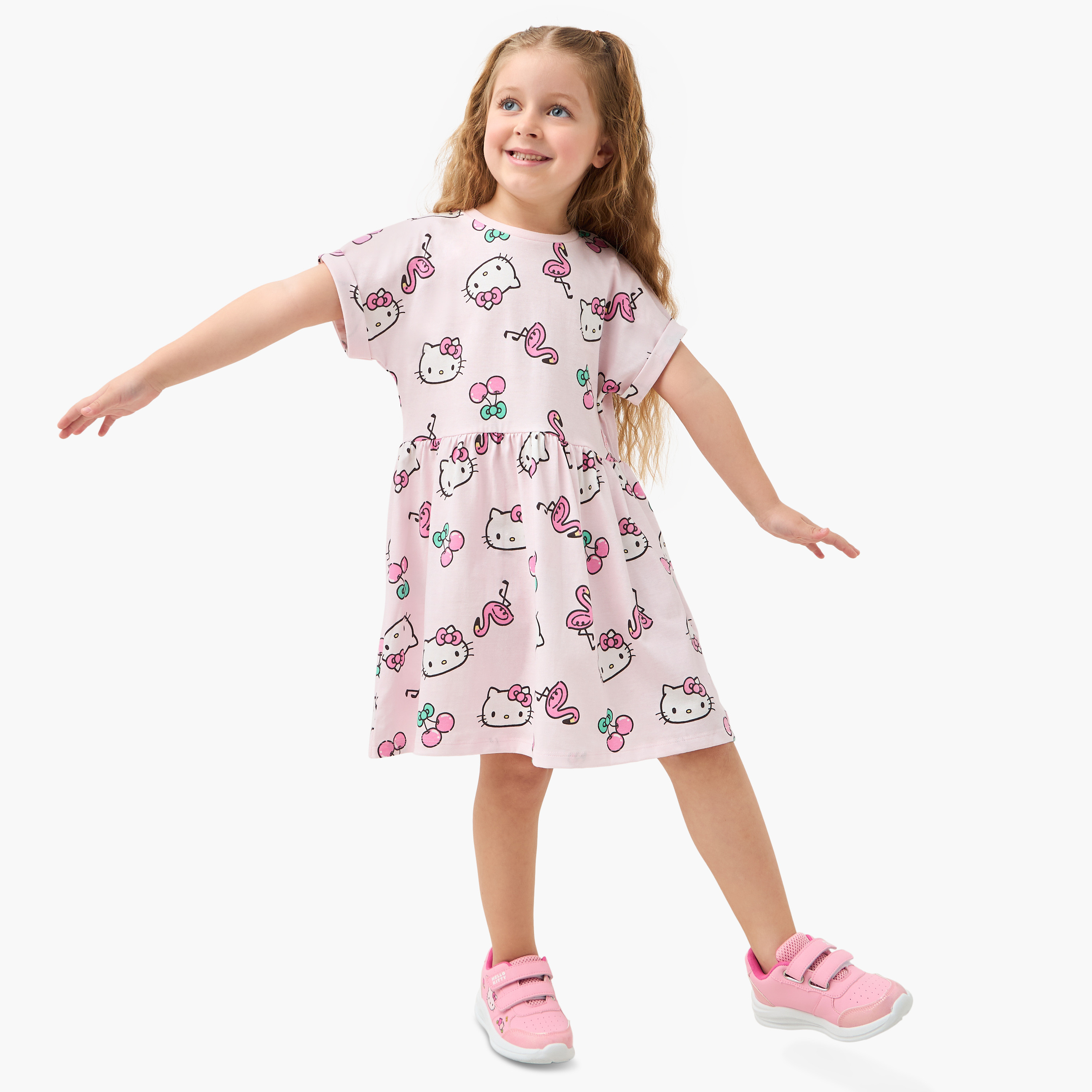 Sanrio Hello Kitty Print A-line Dress with Round Neck and Short Sleeves-girls-clothing-dressesandjumpsuits-image-2
