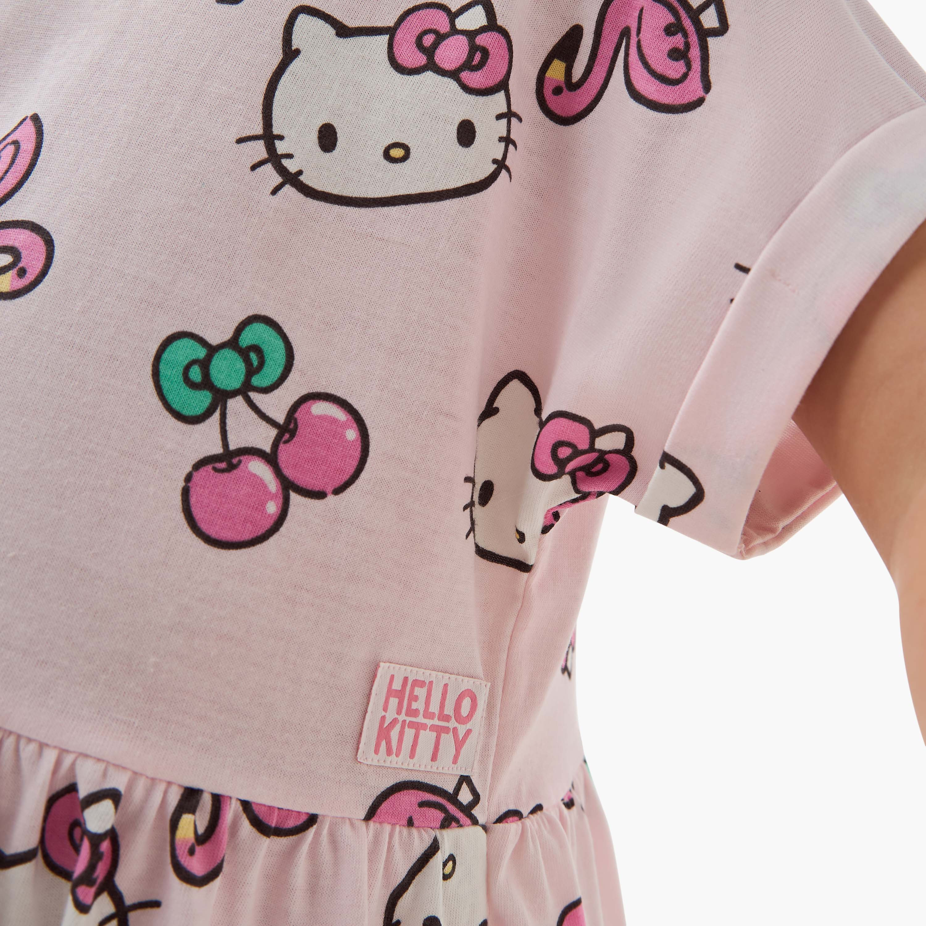 Sanrio Hello Kitty Print A-line Dress with Round Neck and Short Sleeves-girls-clothing-dressesandjumpsuits-image-4