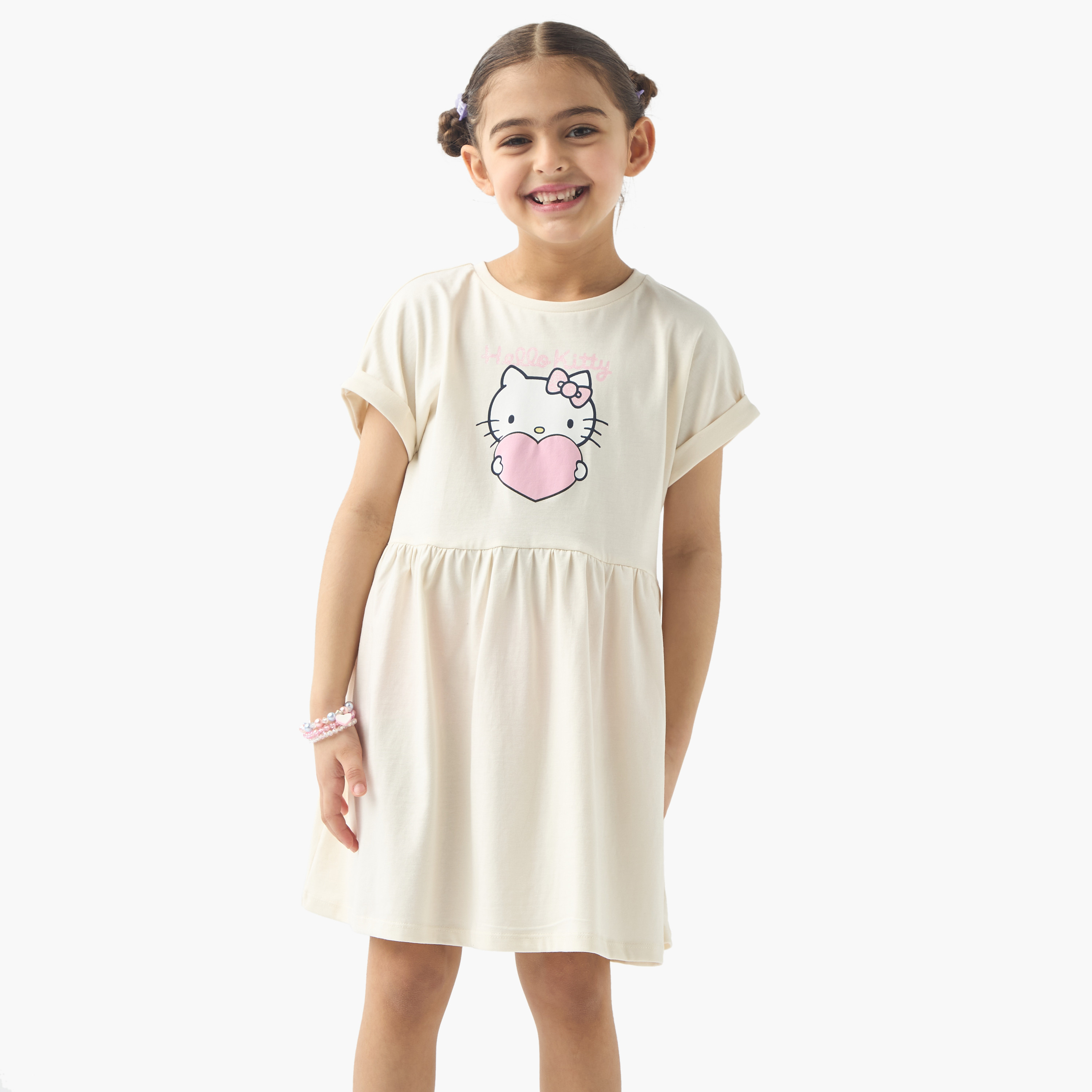 Sanrio Hello Kitty Print A-line Dress with Round Neck and Short Sleeves-girls-clothing-dressesandjumpsuits-image-1