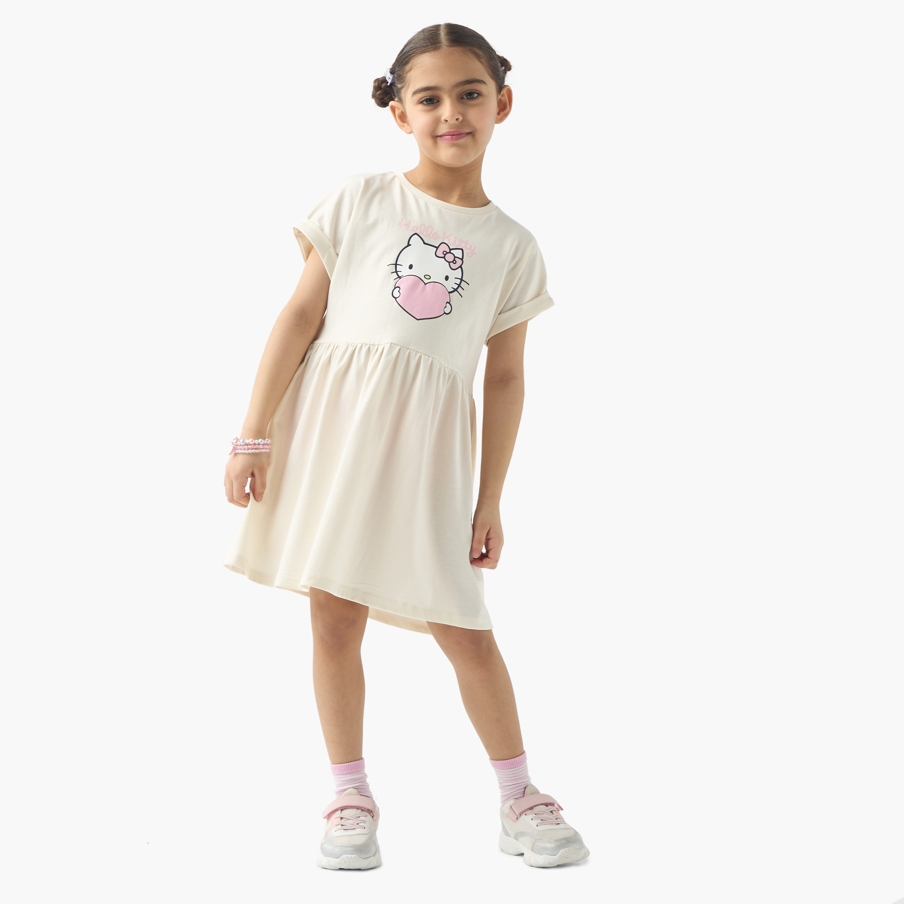 Sanrio Hello Kitty Print A-line Dress with Round Neck and Short Sleeves-girls-clothing-dressesandjumpsuits-image-2