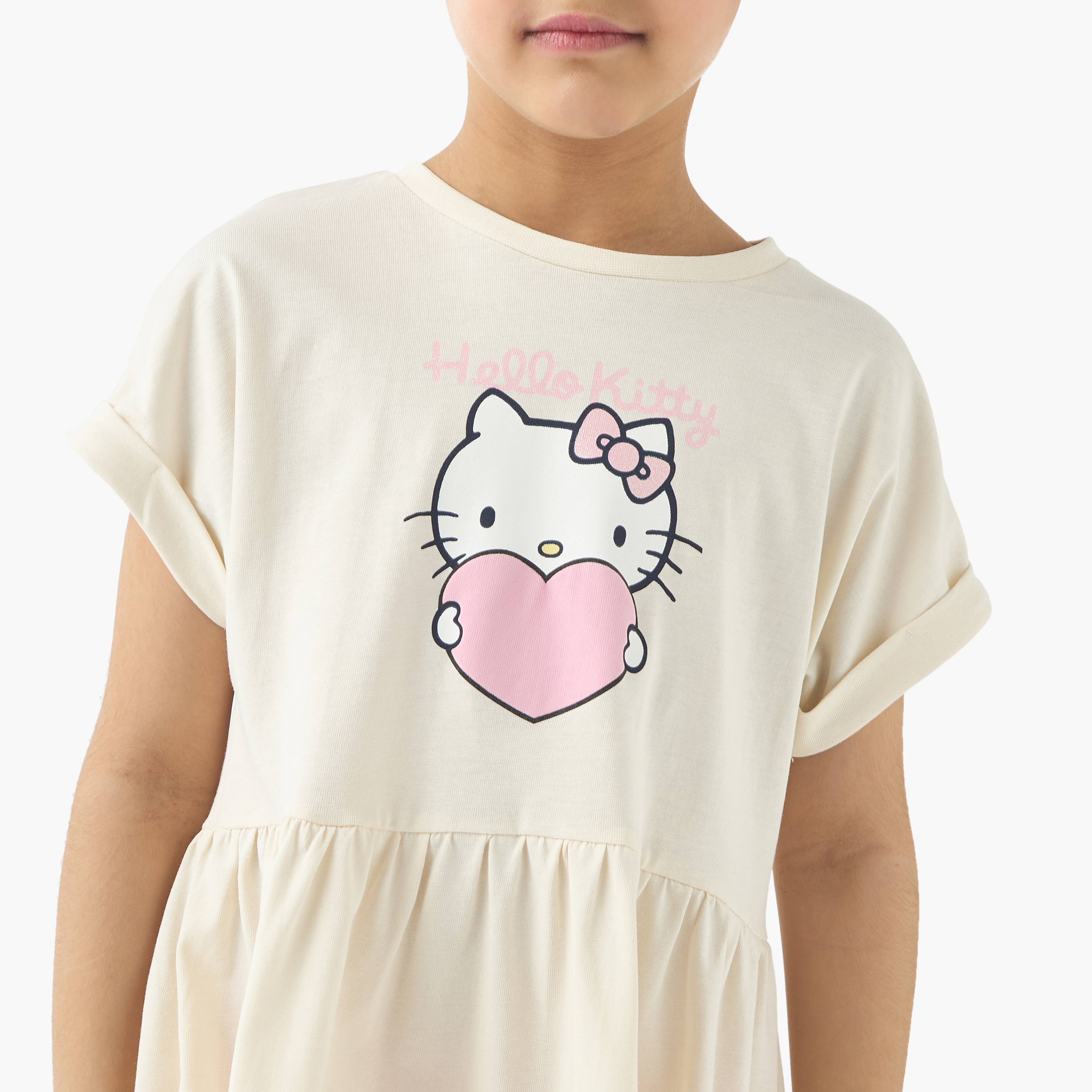 Sanrio Hello Kitty Print A-line Dress with Round Neck and Short Sleeves-girls-clothing-dressesandjumpsuits-image-4