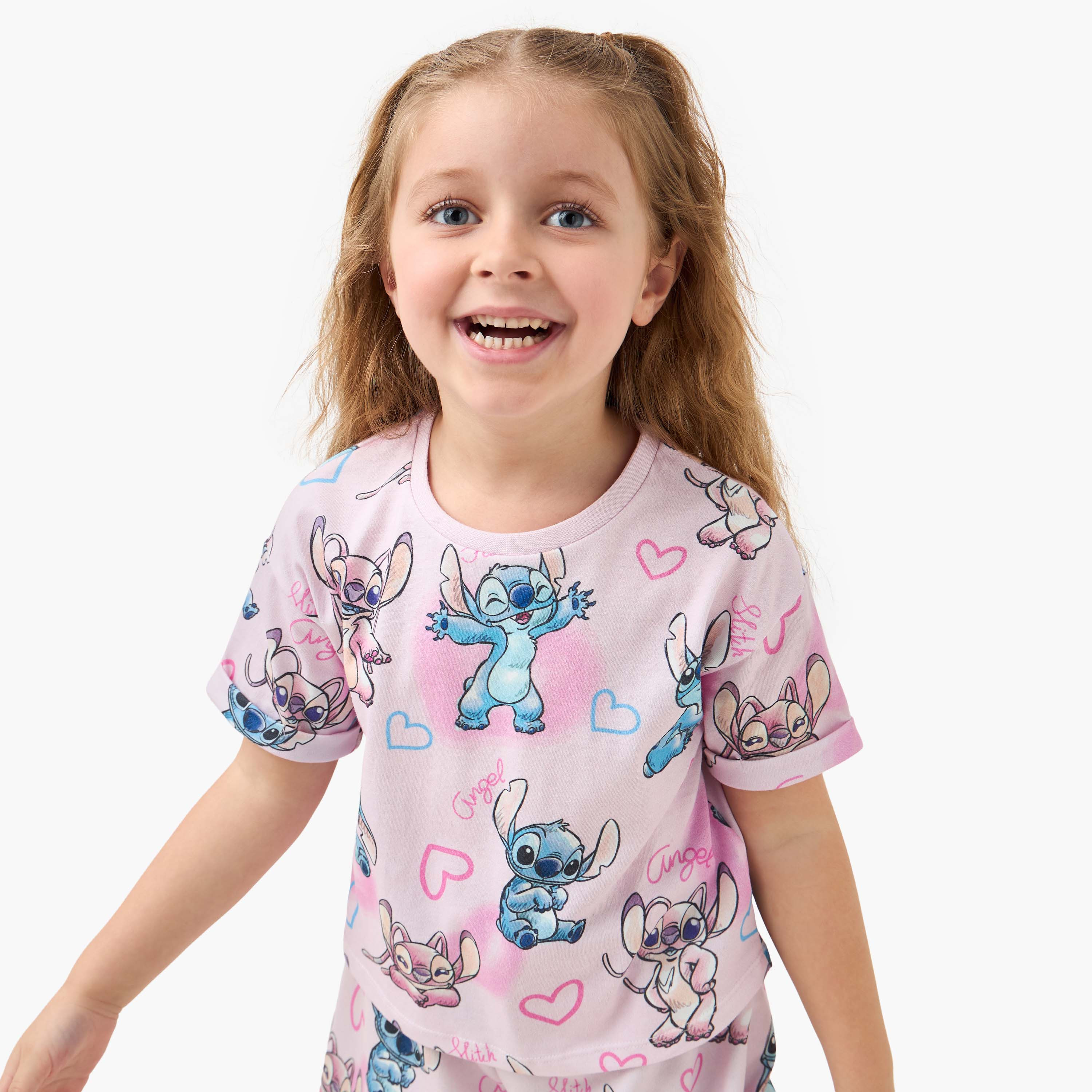 Disney All-Over Stitch and Angel Print T-Shirt with Short Sleeves-girls-clothing-tshirts-image-1