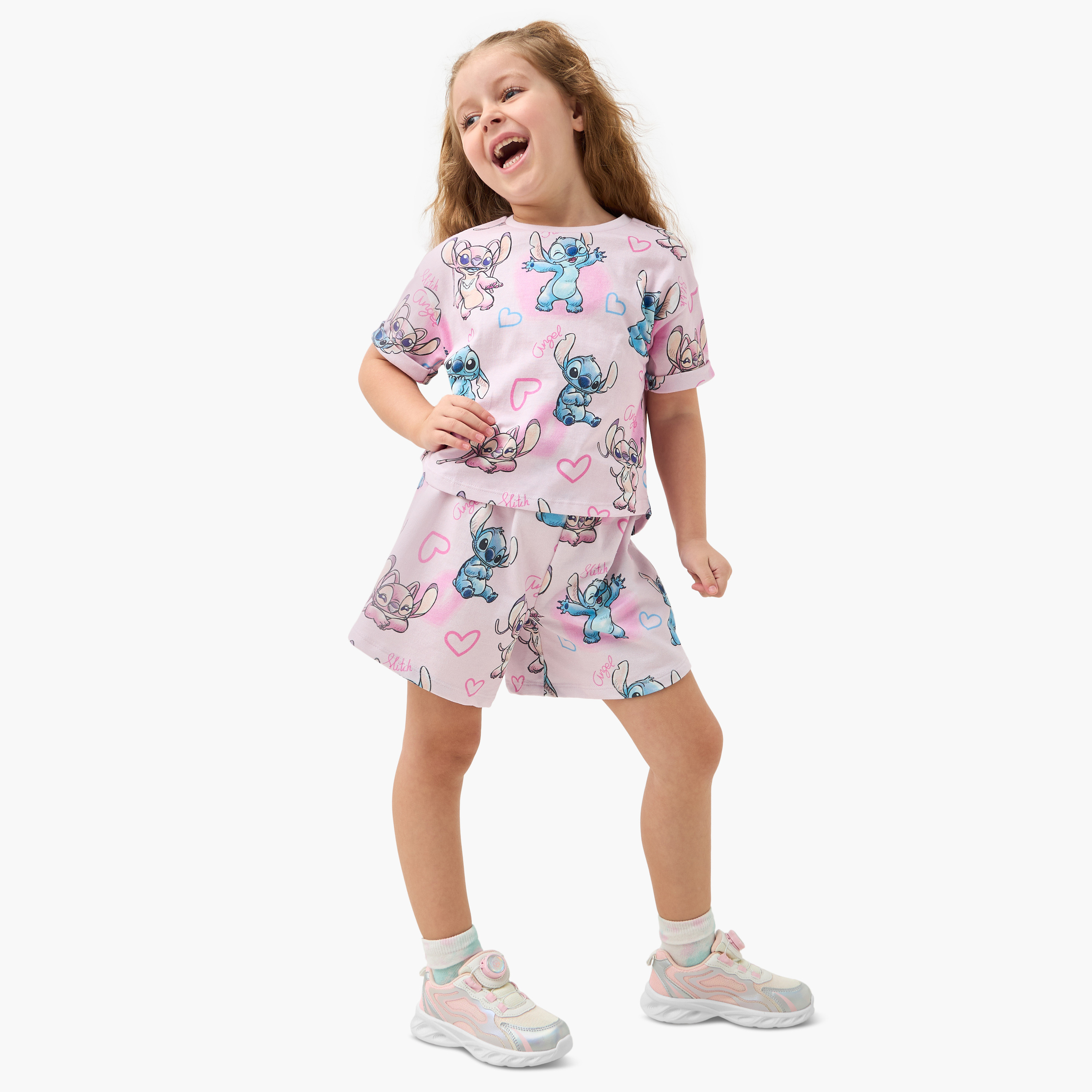 Disney All-Over Stitch and Angel Print T-Shirt with Short Sleeves-girls-clothing-tshirts-image-2