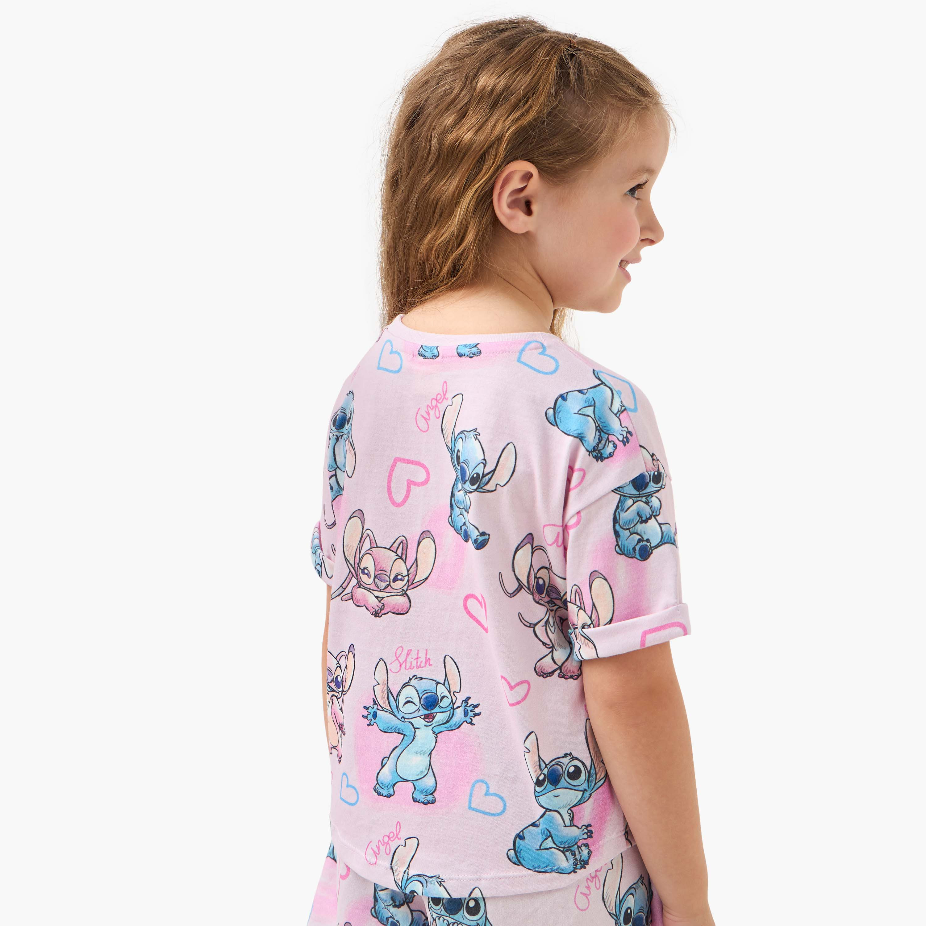 Disney All-Over Stitch and Angel Print T-Shirt with Short Sleeves-girls-clothing-tshirts-image-3