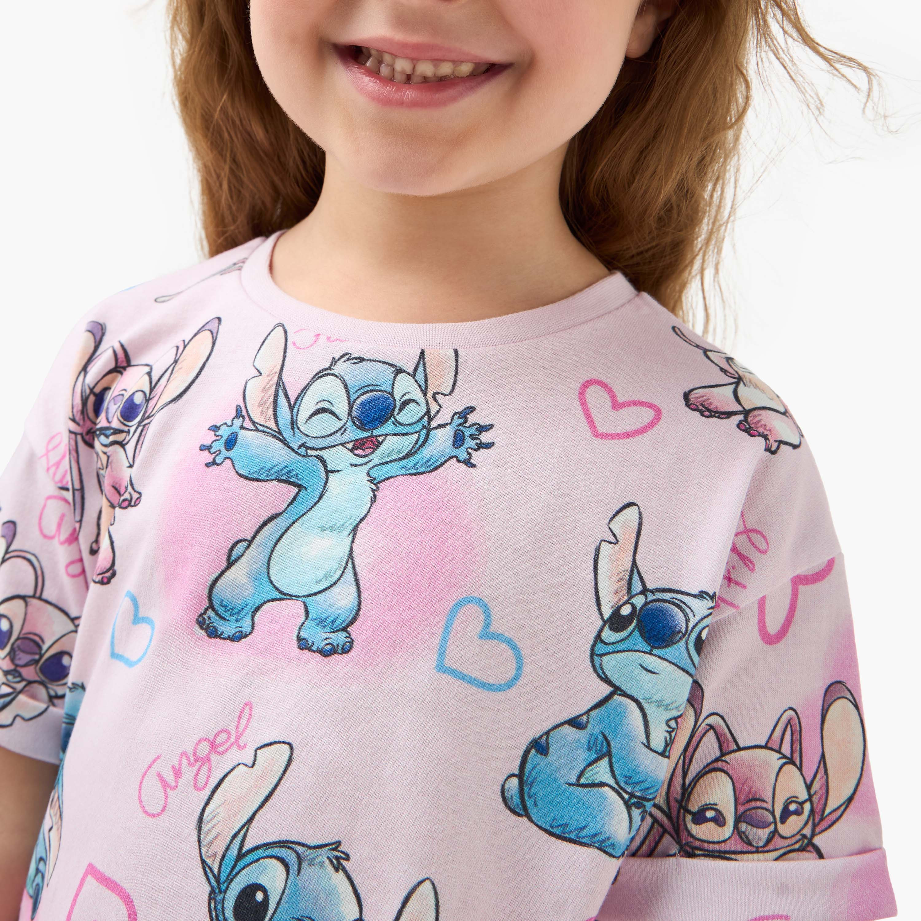 Disney All-Over Stitch and Angel Print T-Shirt with Short Sleeves-girls-clothing-tshirts-image-4