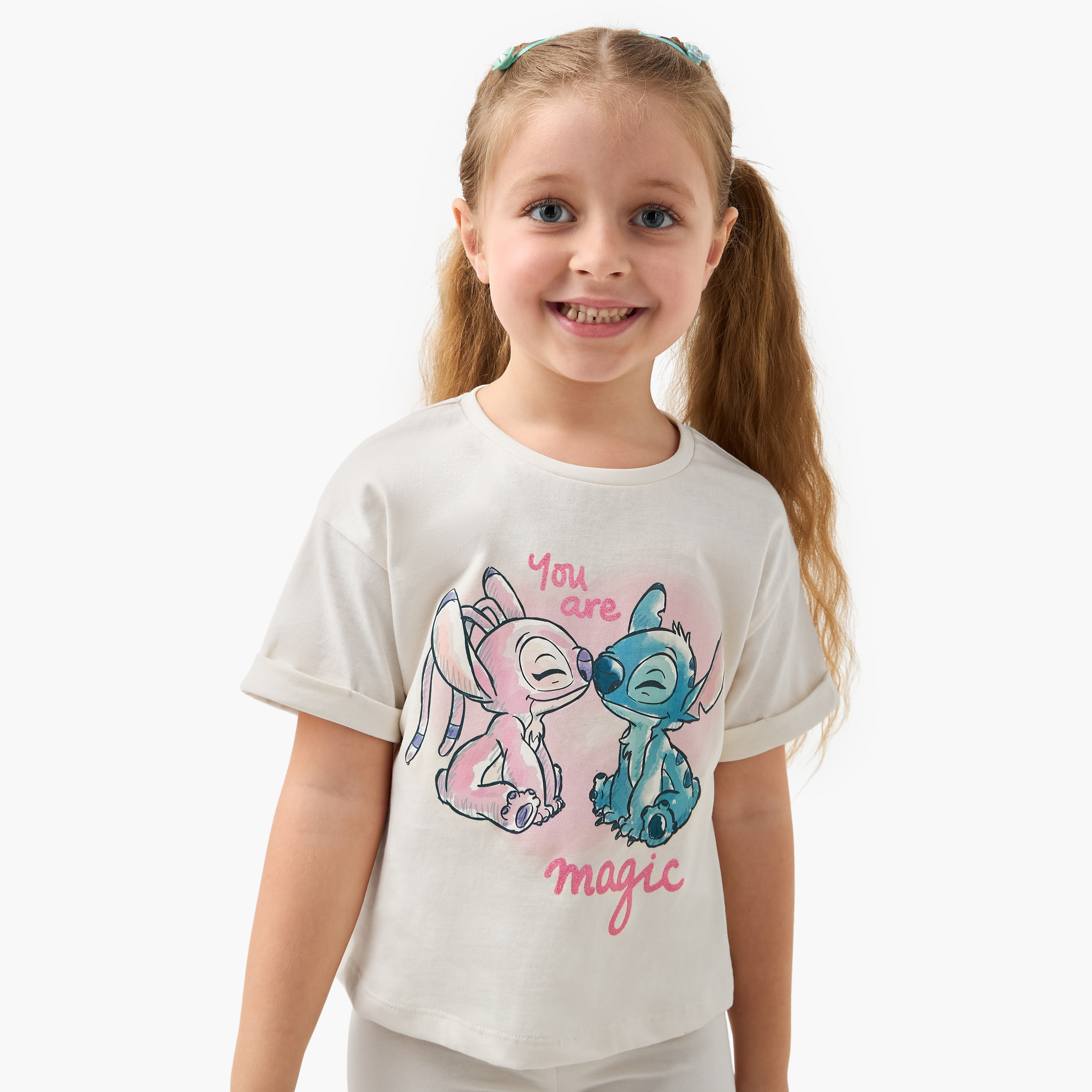 Disney Stitch and Angel Print T-shirt with Short Sleeves-girls-clothing-tshirts-image-1
