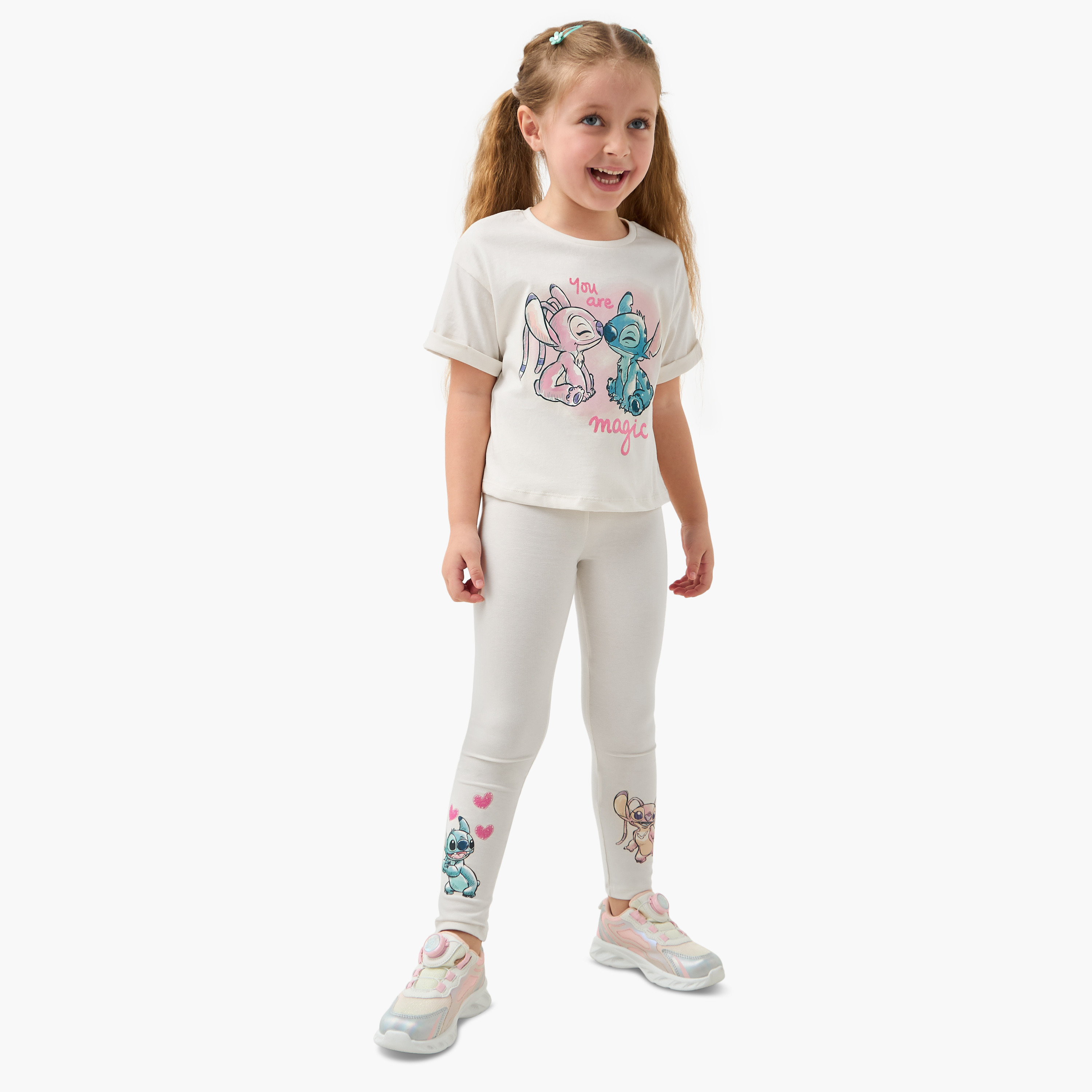 Disney Stitch and Angel Print T-shirt with Short Sleeves-girls-clothing-tshirts-image-2