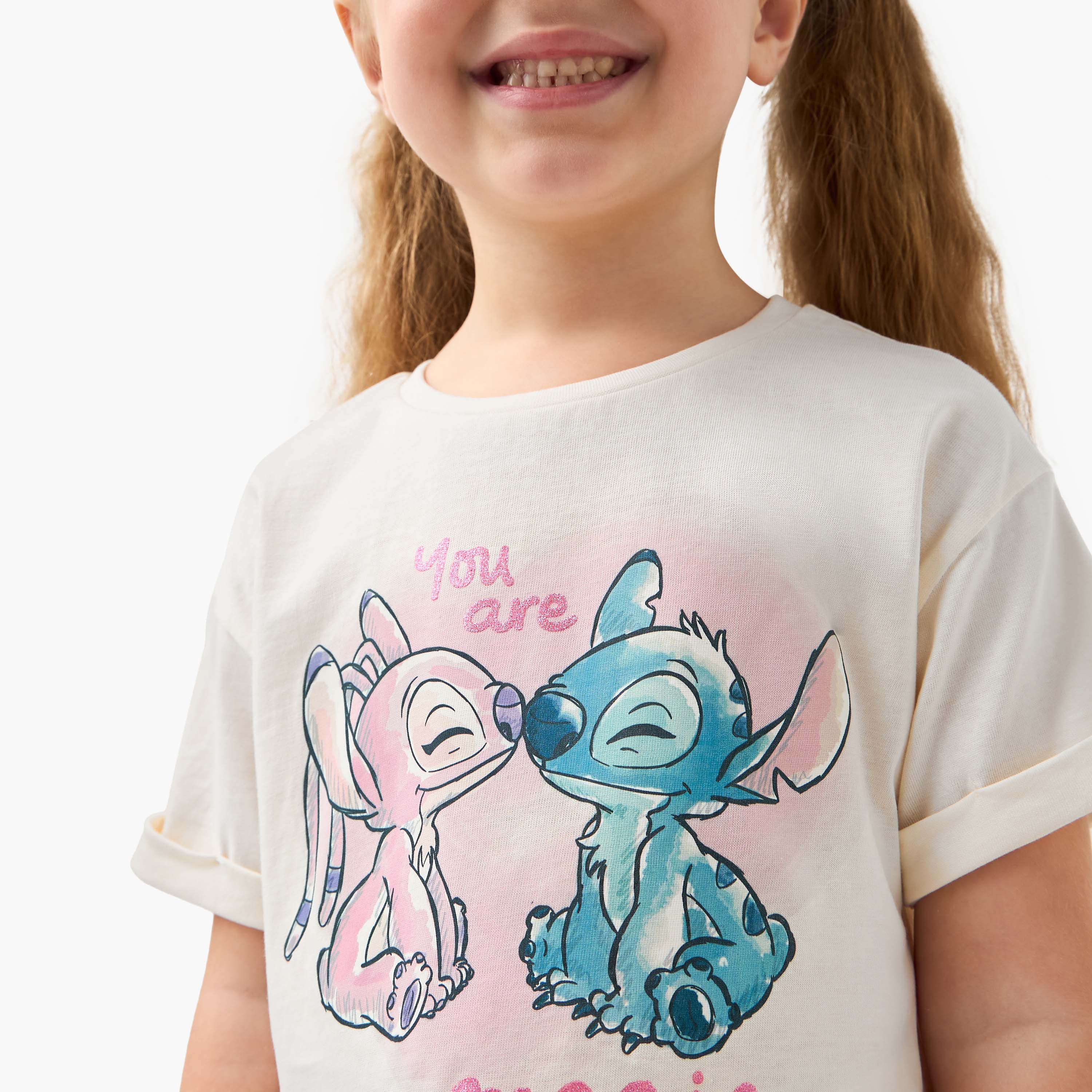 Disney Stitch and Angel Print T-shirt with Short Sleeves-girls-clothing-tshirts-image-4