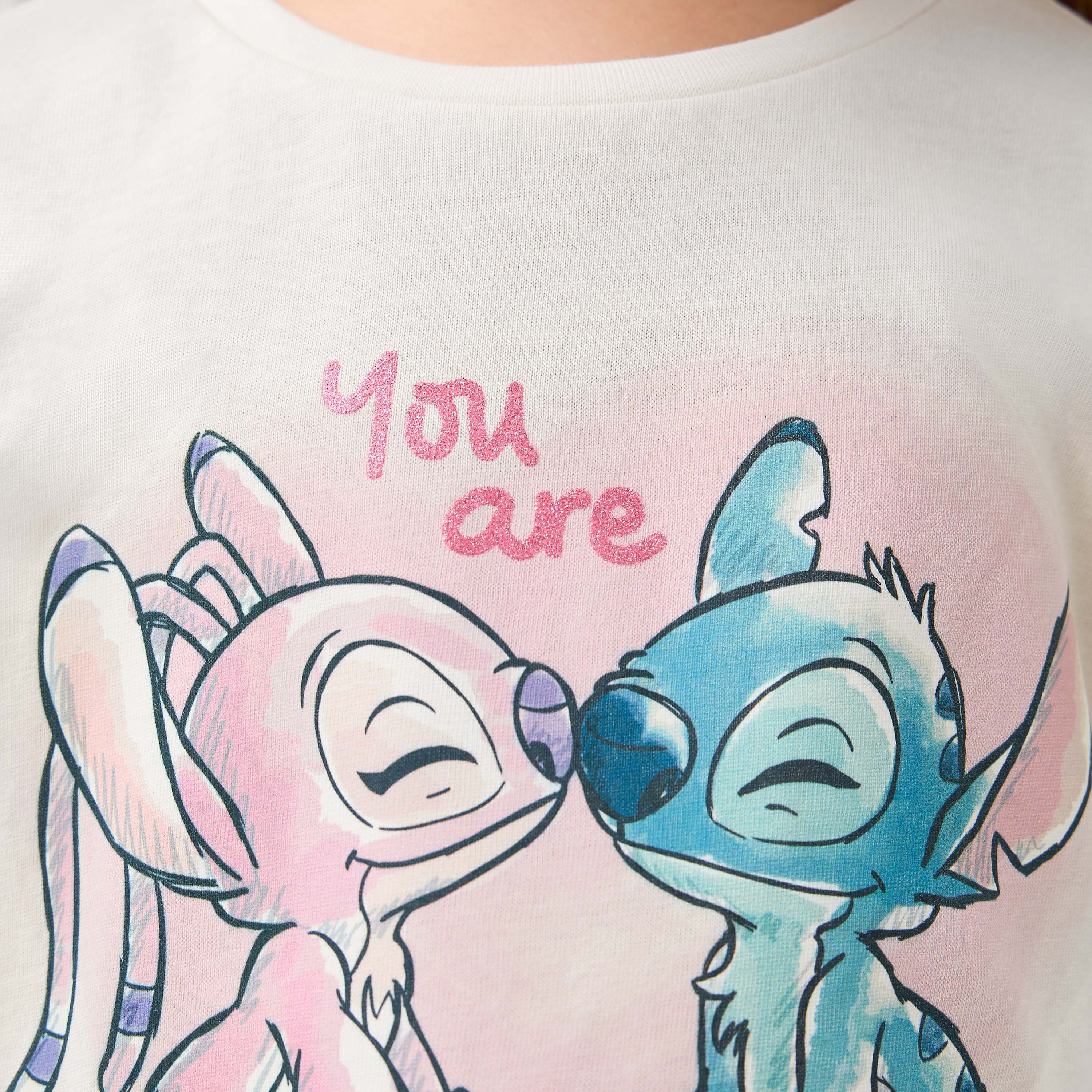 Disney Stitch and Angel Print T-shirt with Short Sleeves-girls-clothing-tshirts-image-5