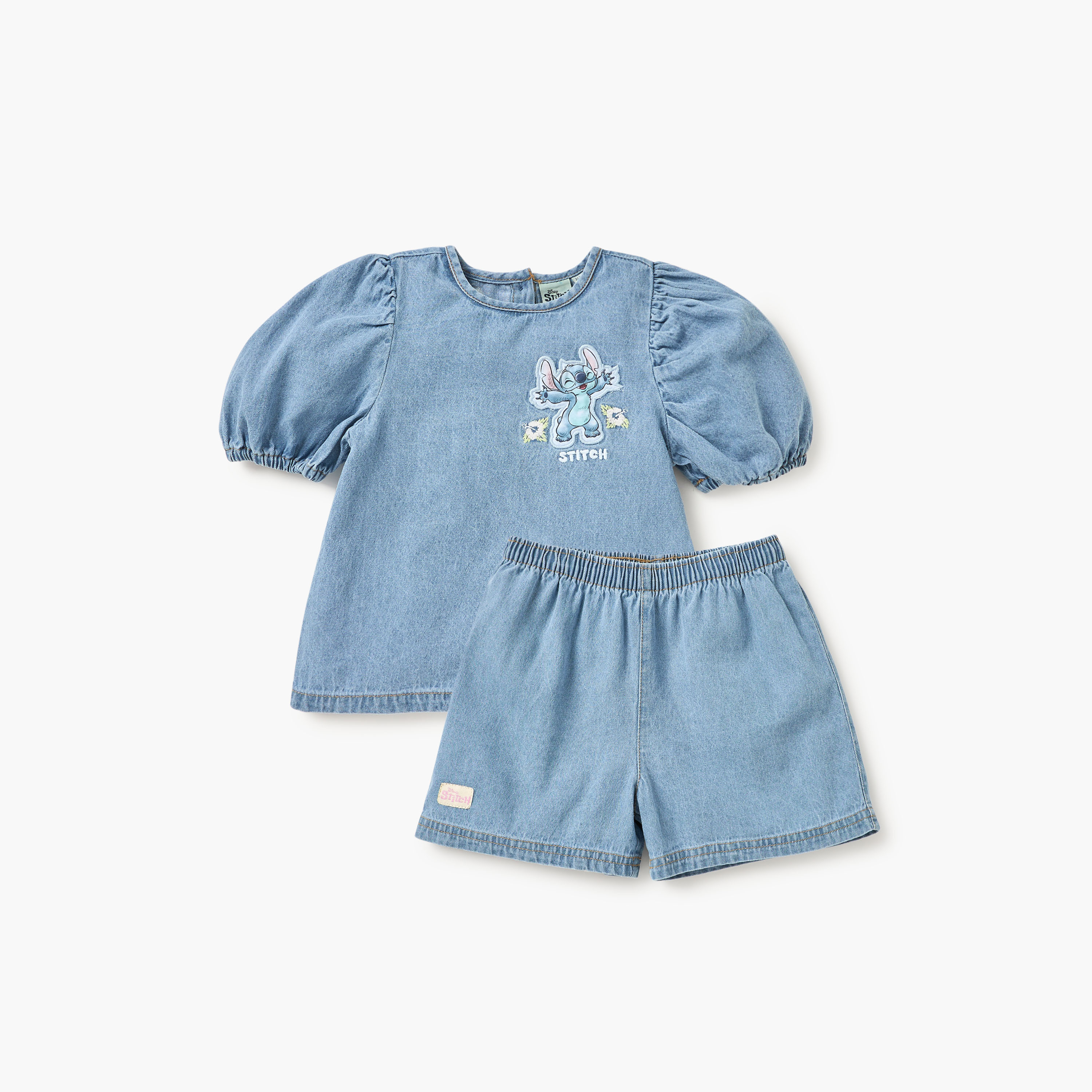 Disney Stitch Print Denim Top and Shorts Set-baby-girls-clothing-setsandcoords-image-1
