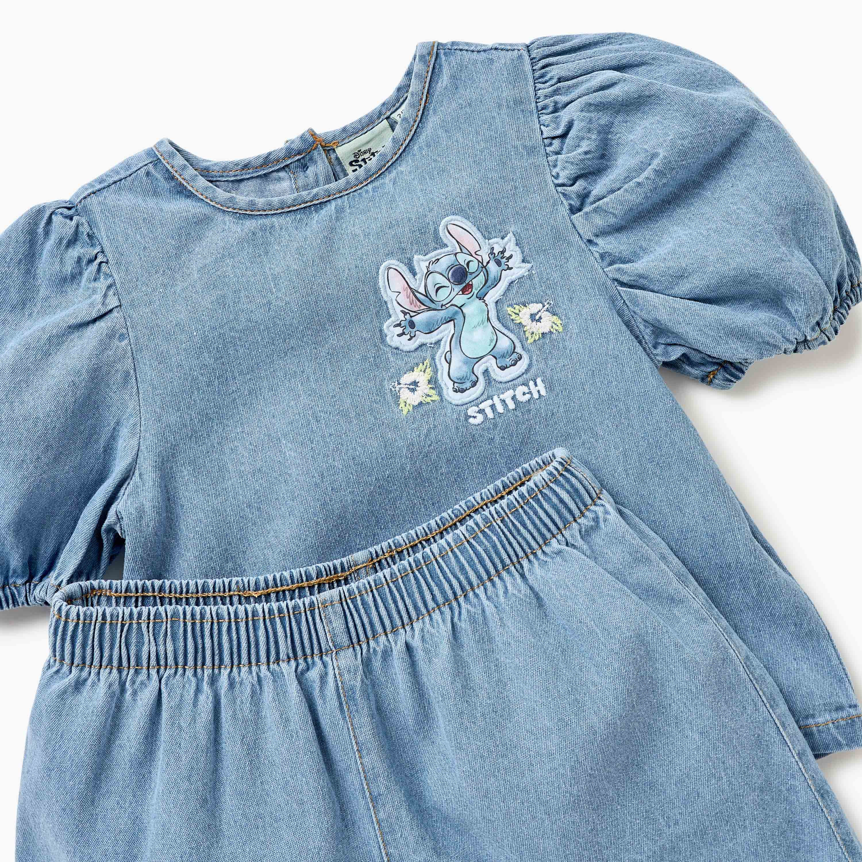 Disney Stitch Print Denim Top and Shorts Set-baby-girls-clothing-setsandcoords-image-4