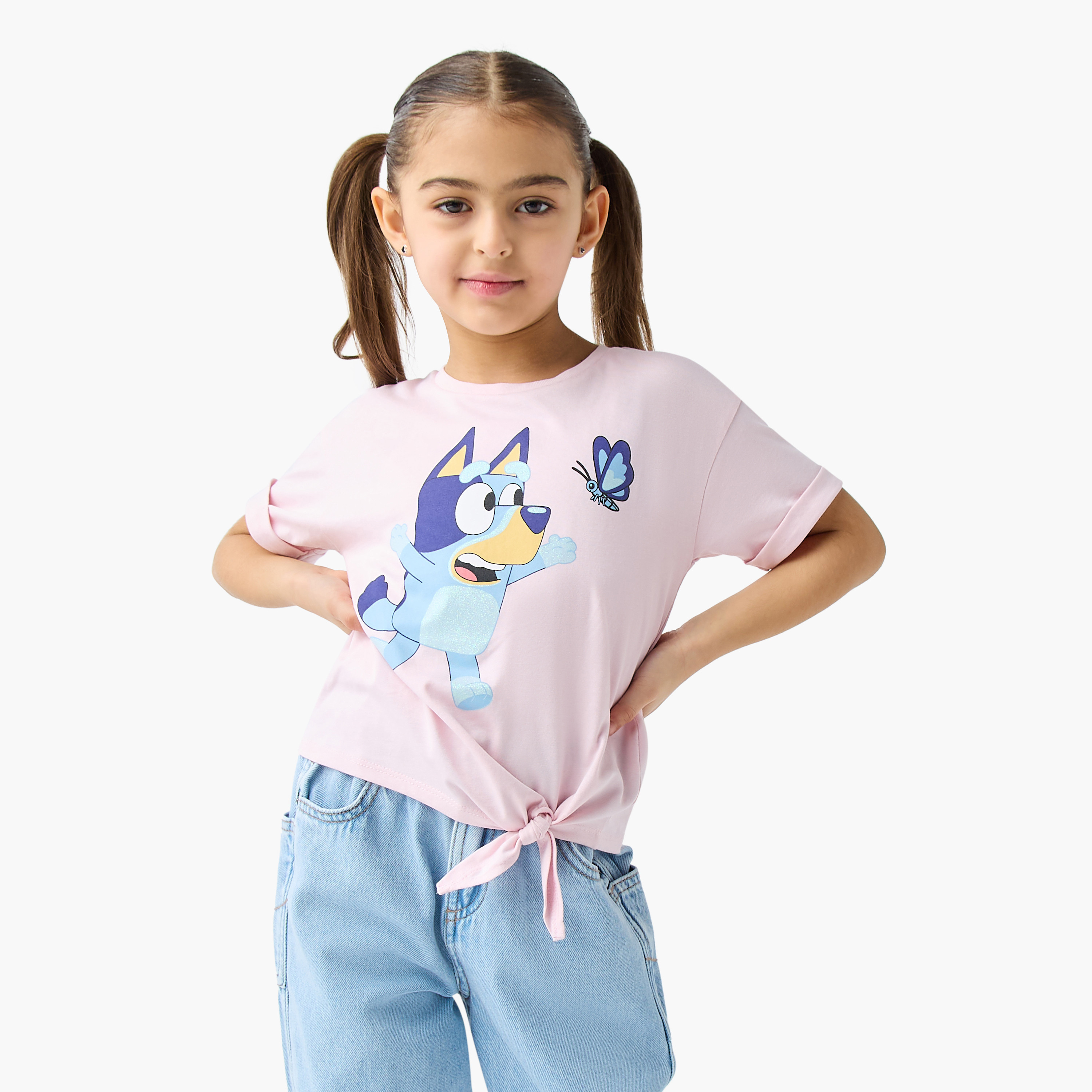 Disney Graphic Print Crew Neck T-shirt with Knot Detail-girls-clothing-tshirts-image-1