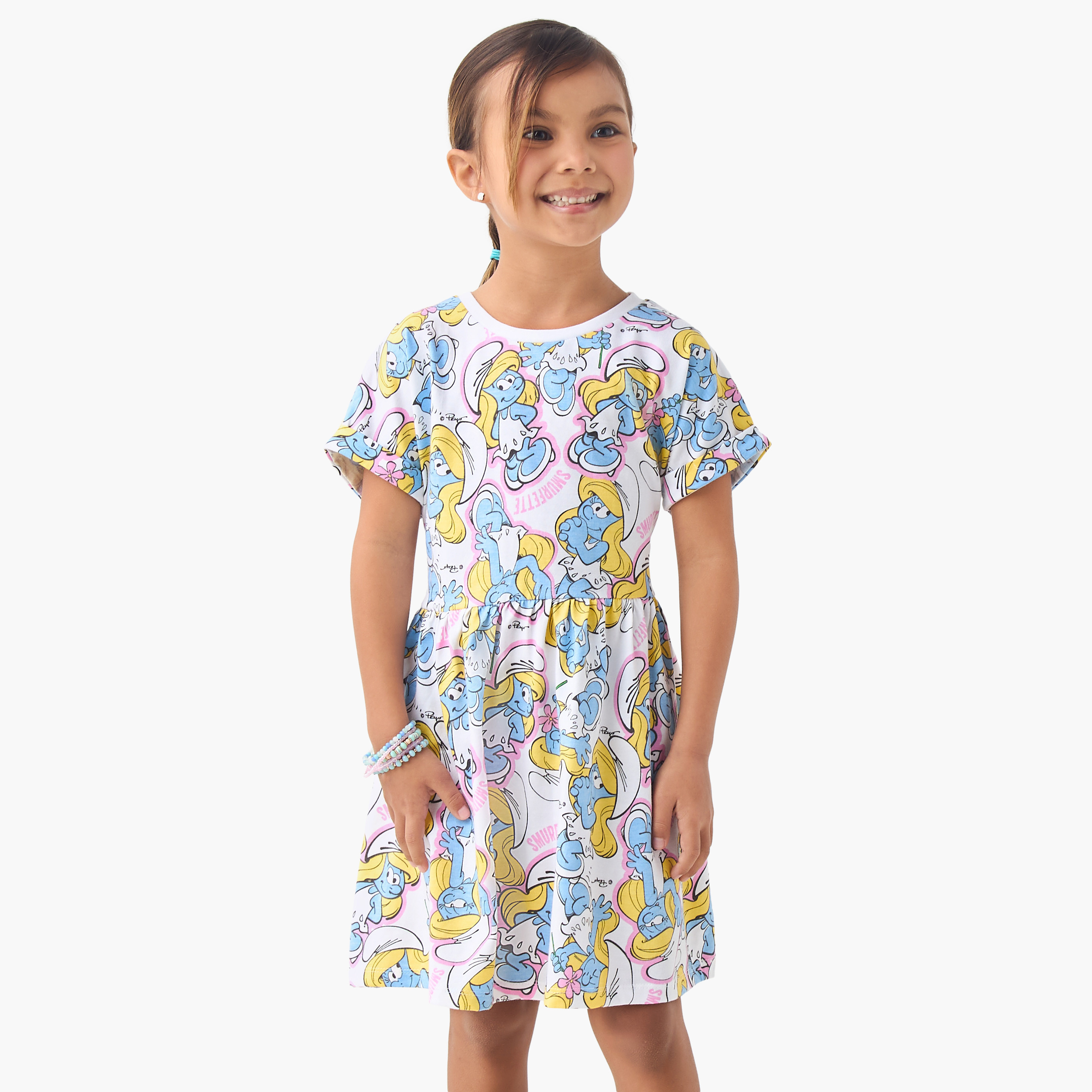 Smurf Print Round Neck Dress with Short Sleeves-girls-clothing-dressesandjumpsuits-image-1