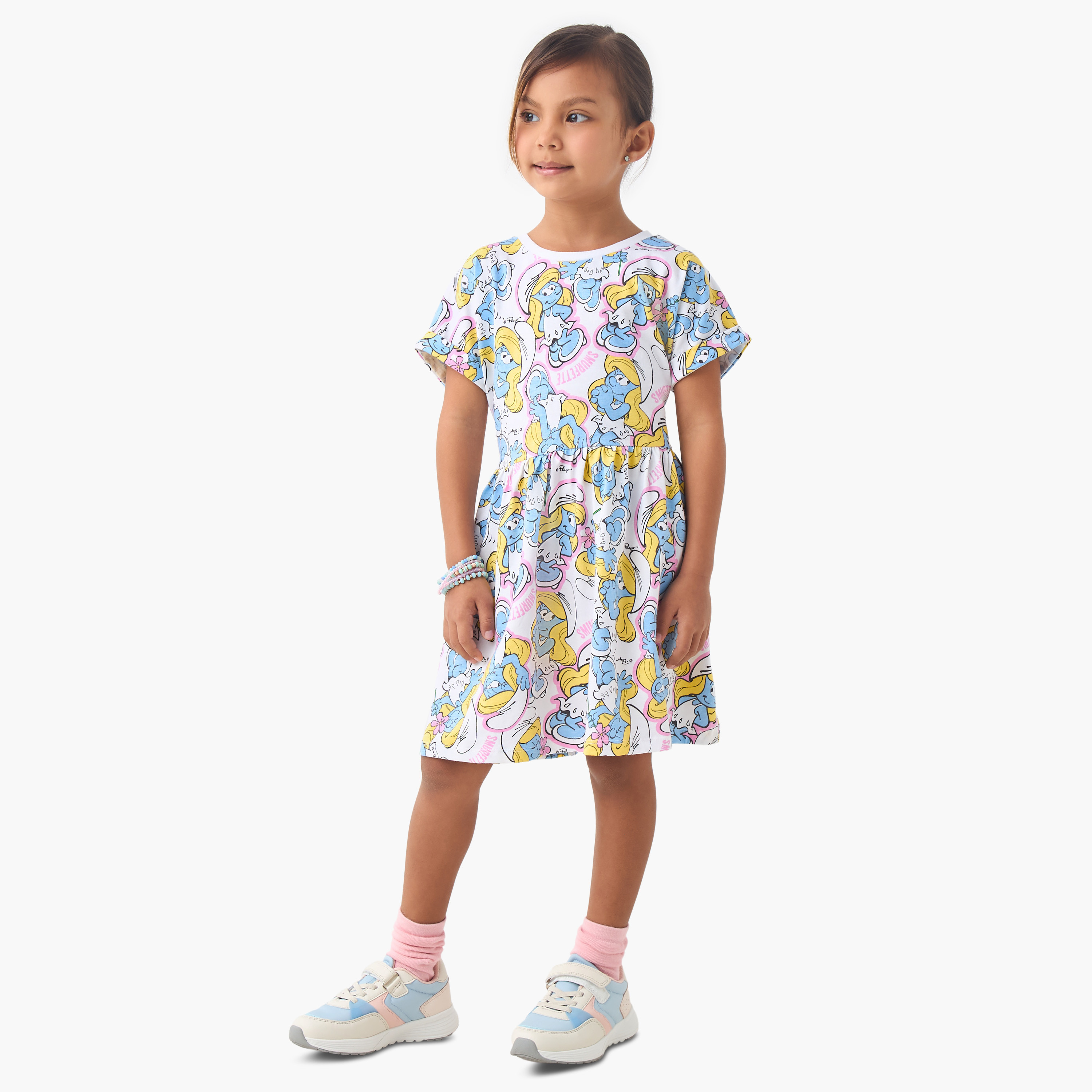 Smurf Print Round Neck Dress with Short Sleeves-girls-clothing-dressesandjumpsuits-image-2