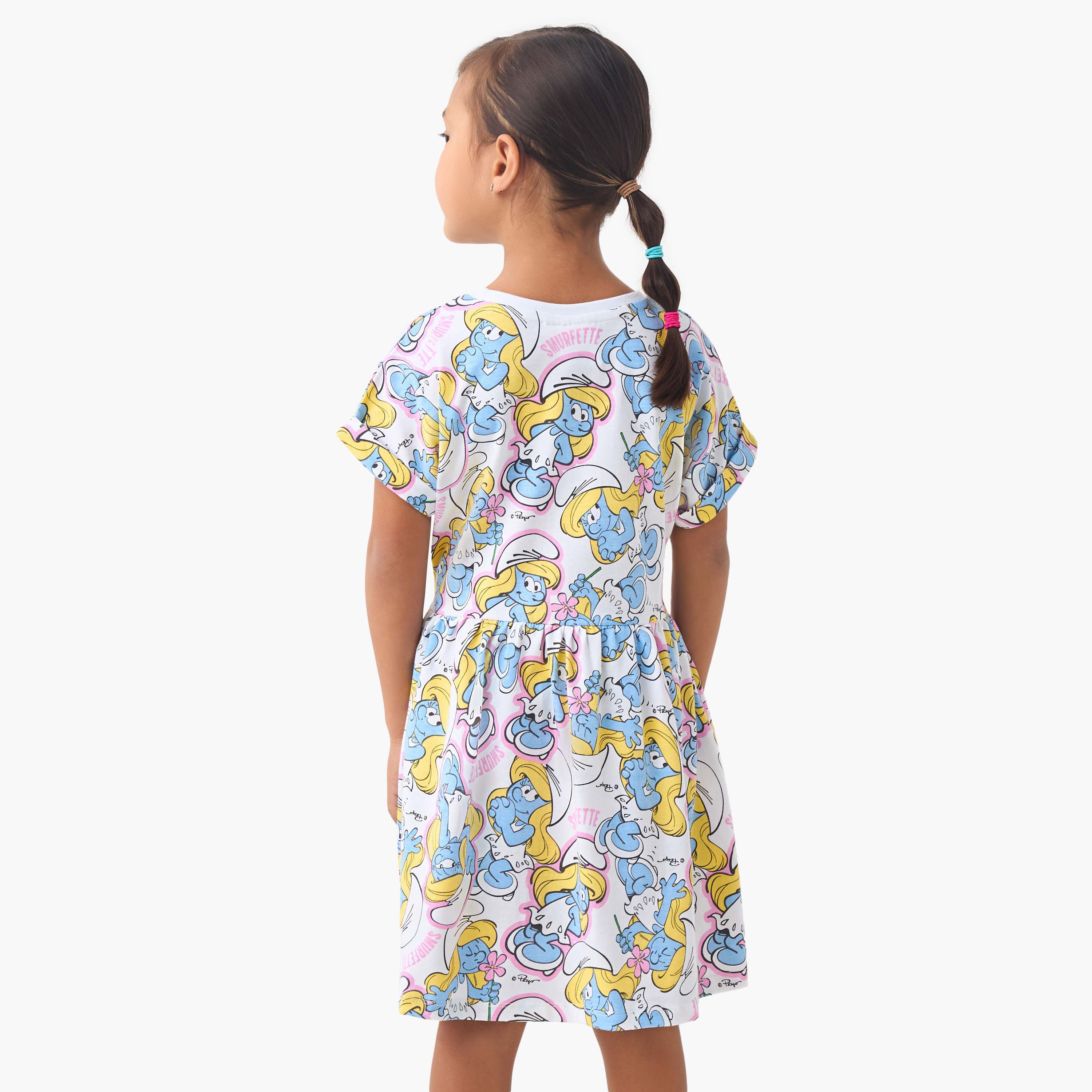 Smurf Print Round Neck Dress with Short Sleeves-girls-clothing-dressesandjumpsuits-image-3