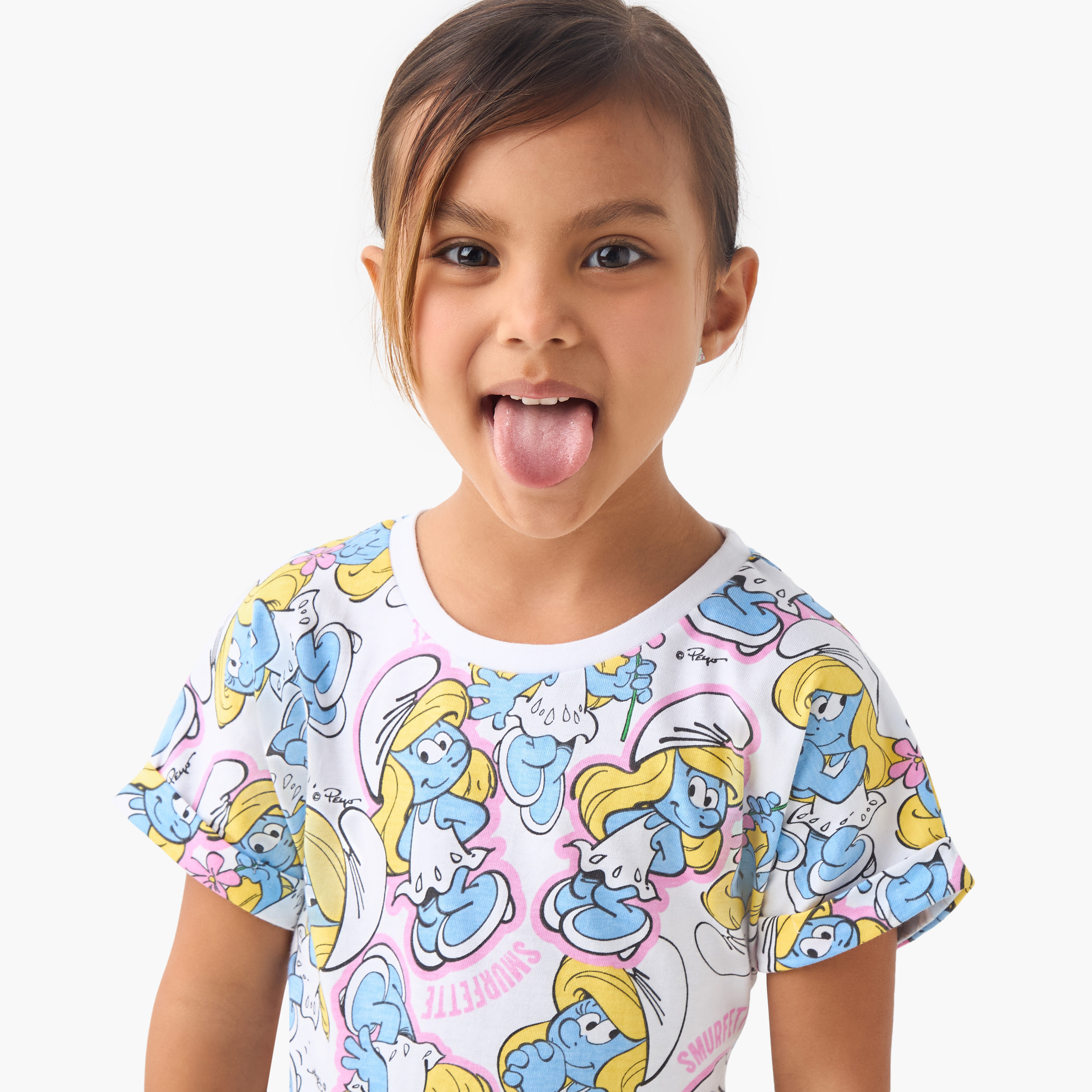 Smurf Print Round Neck Dress with Short Sleeves-girls-clothing-dressesandjumpsuits-image-4