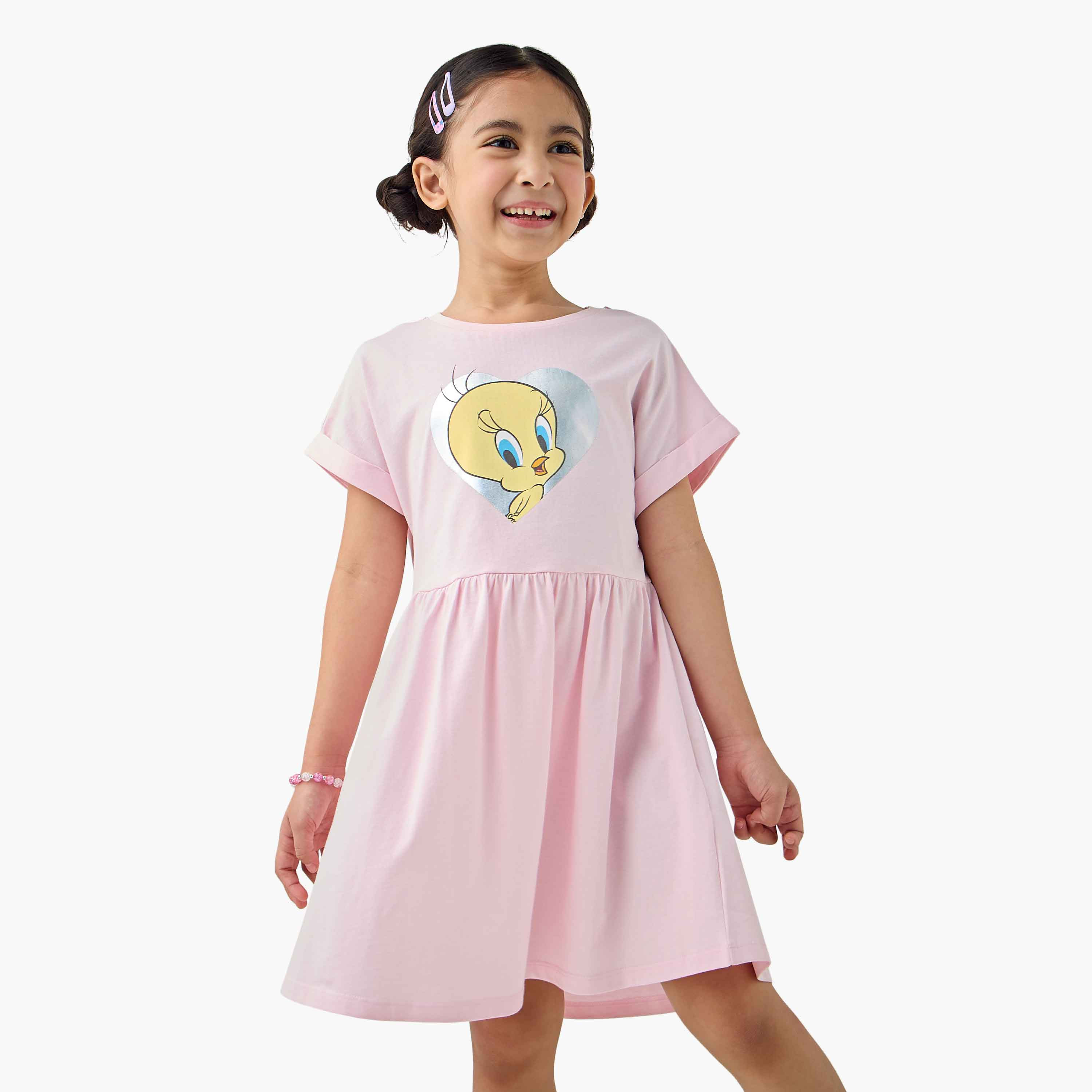 Tweety Print Dress with Short Sleeves-girls-clothing-dressesandjumpsuits-image-1