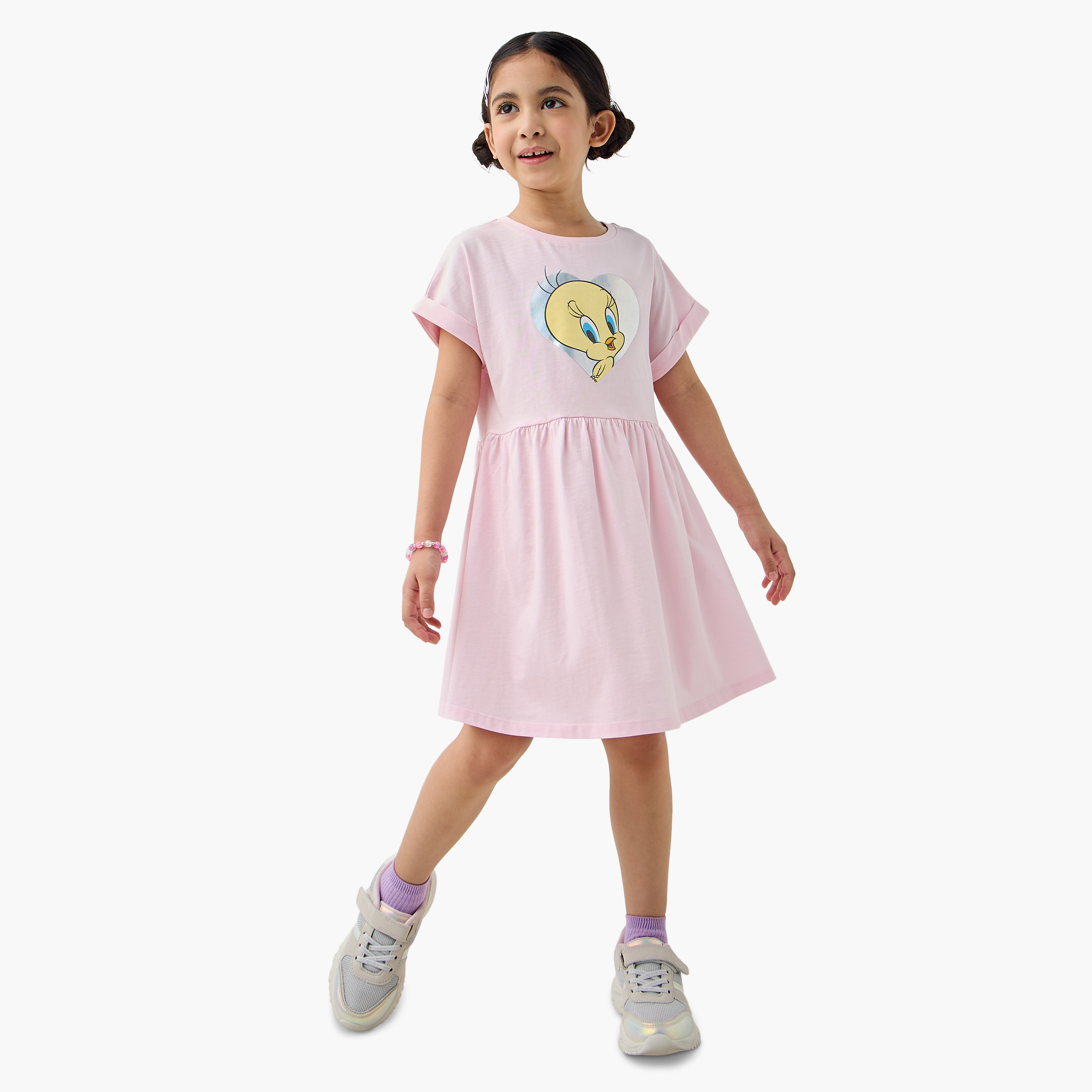 Tweety Print Dress with Short Sleeves-girls-clothing-dressesandjumpsuits-image-2