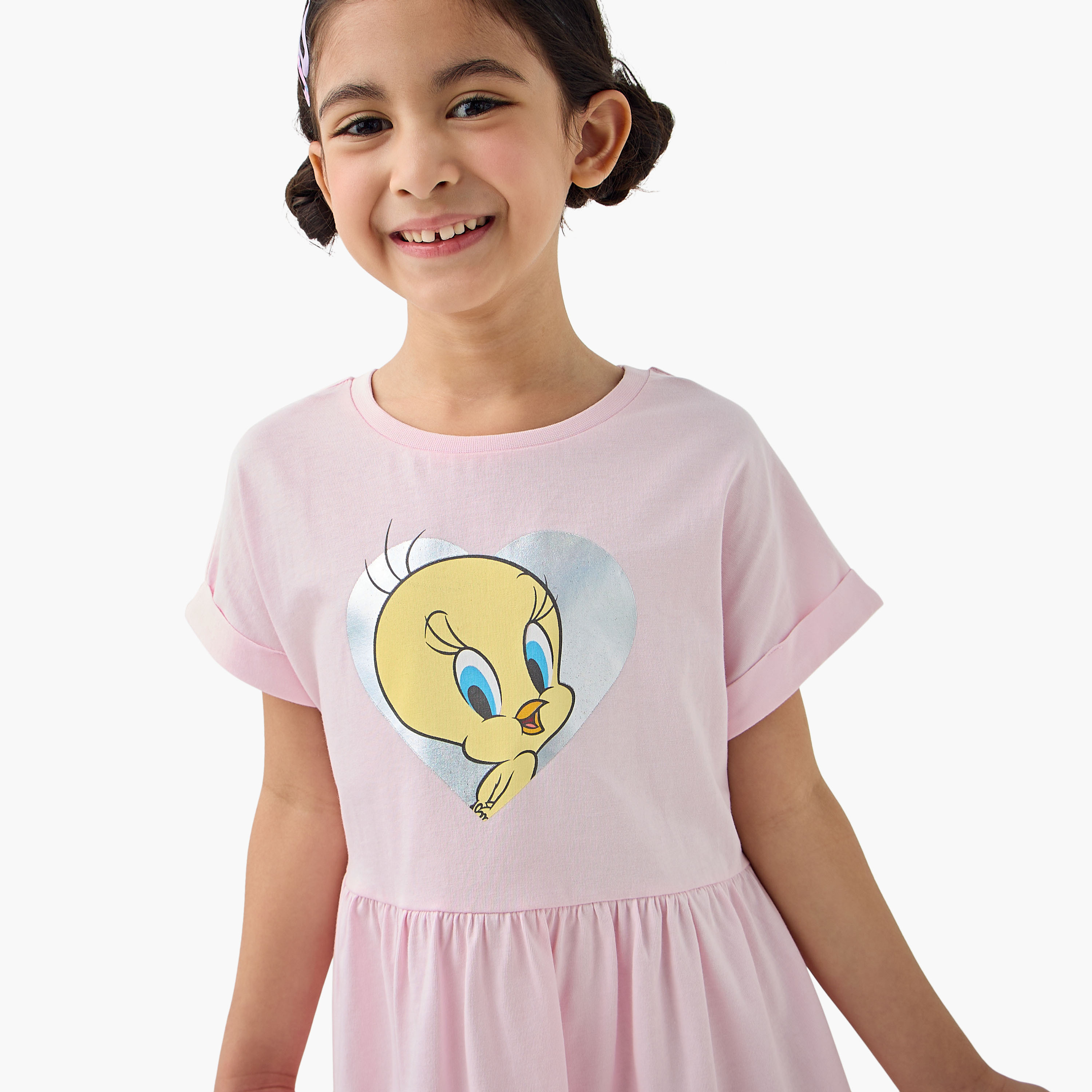 Tweety Print Dress with Short Sleeves-girls-clothing-dressesandjumpsuits-image-4