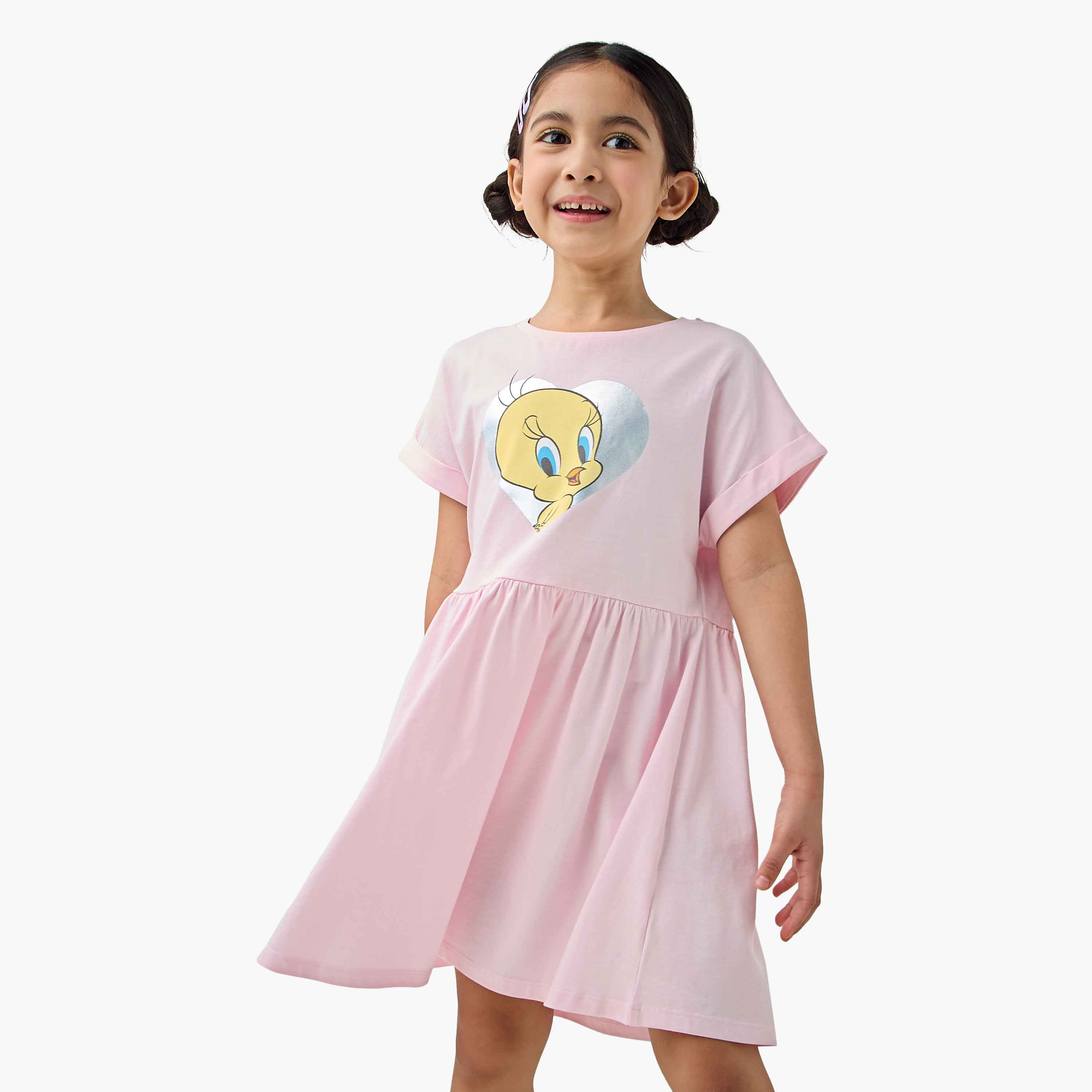 Tweety Print Dress with Short Sleeves-girls-clothing-dressesandjumpsuits-image-6